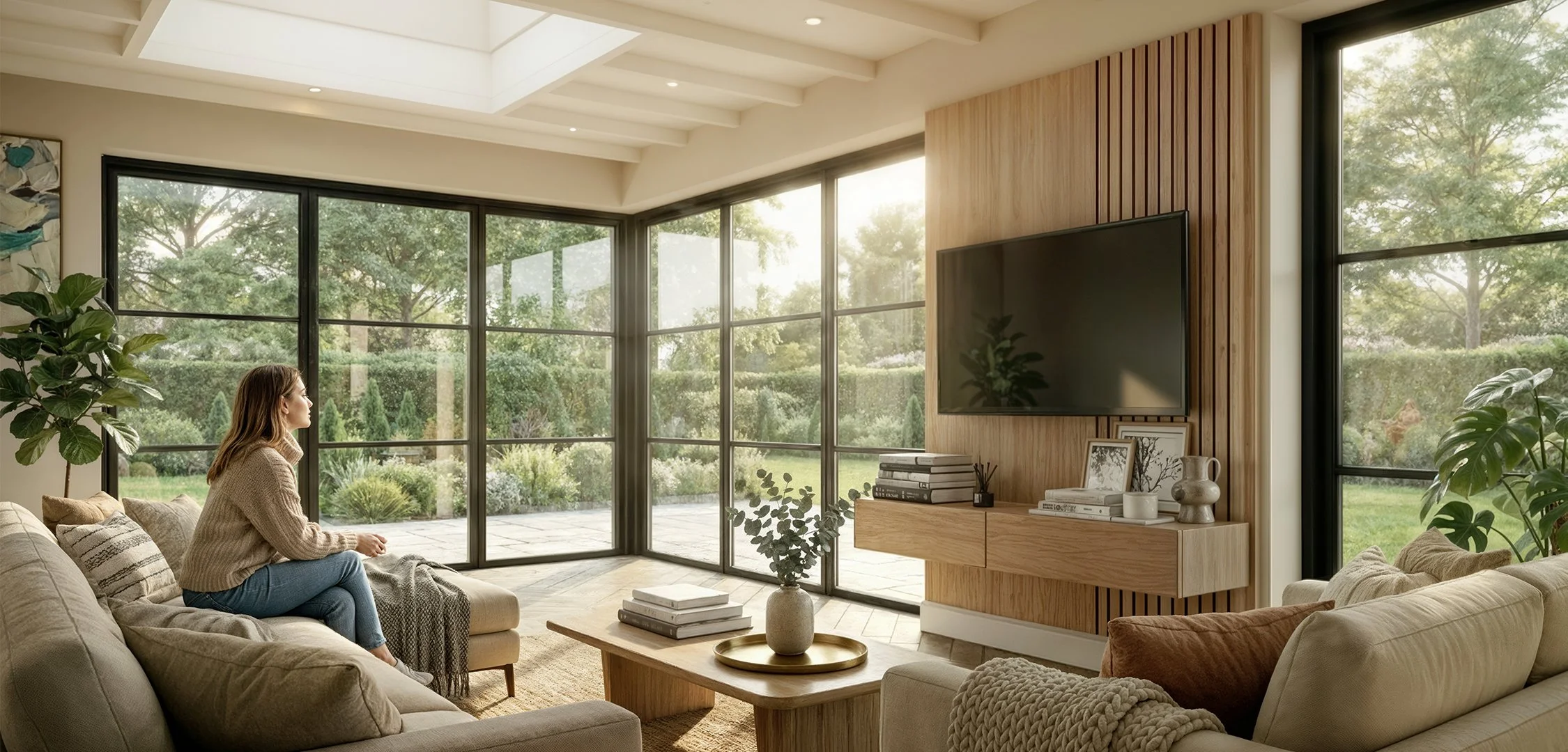 3D interior visualisation of rear extension in Solihull with rooflight and Crittall-style glazing opening to the garden.