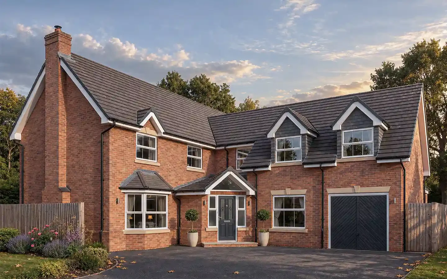 Proposed front view of a house in Solihull showing a replacement garage with a master bedroom above, two dormer windows and a new pitched-roof entrance porch.