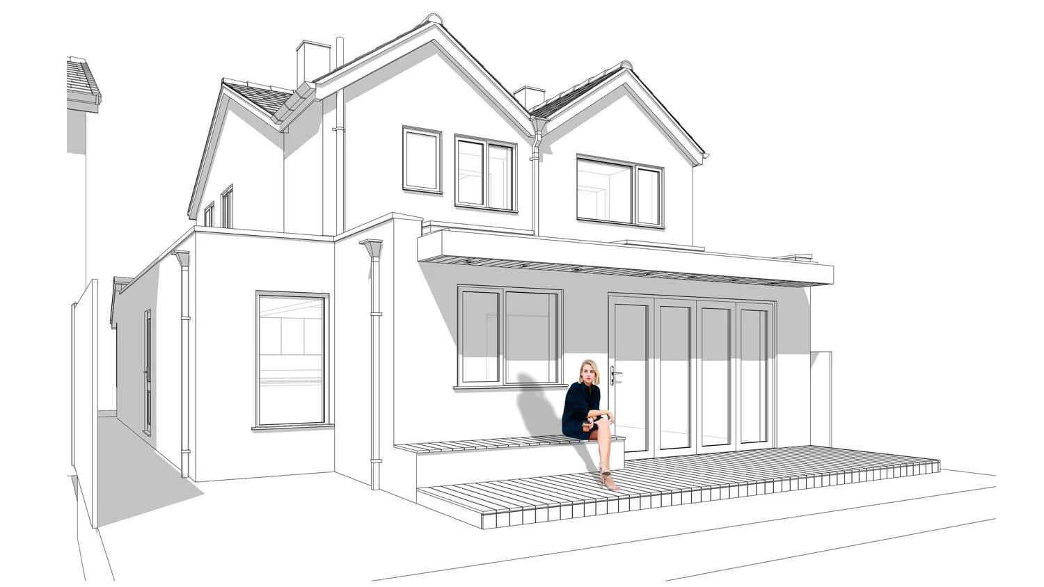 A single-storey extension that blends the new extension with the garden. Large sliding or bi-fold doors, skylights, and unified flooring materials are incorporated to create a seamless transition, making the most of natural light and outdoor views.