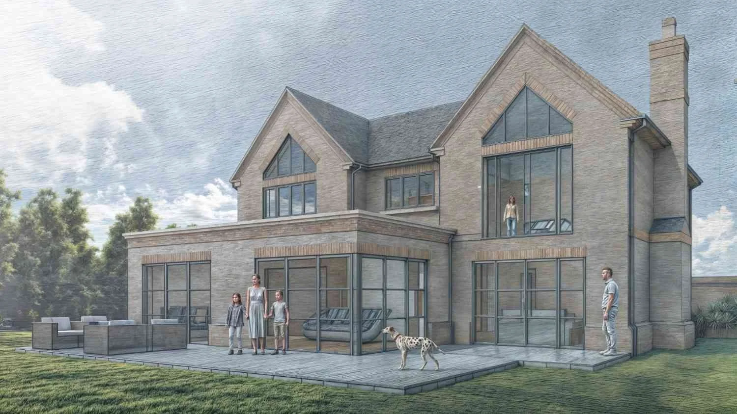 Luxury family home design in Solihull showcasing bespoke rear elevation. McTernan Design specialises in planning application drawings, building control plans, and high-quality custom house designs for new builds.