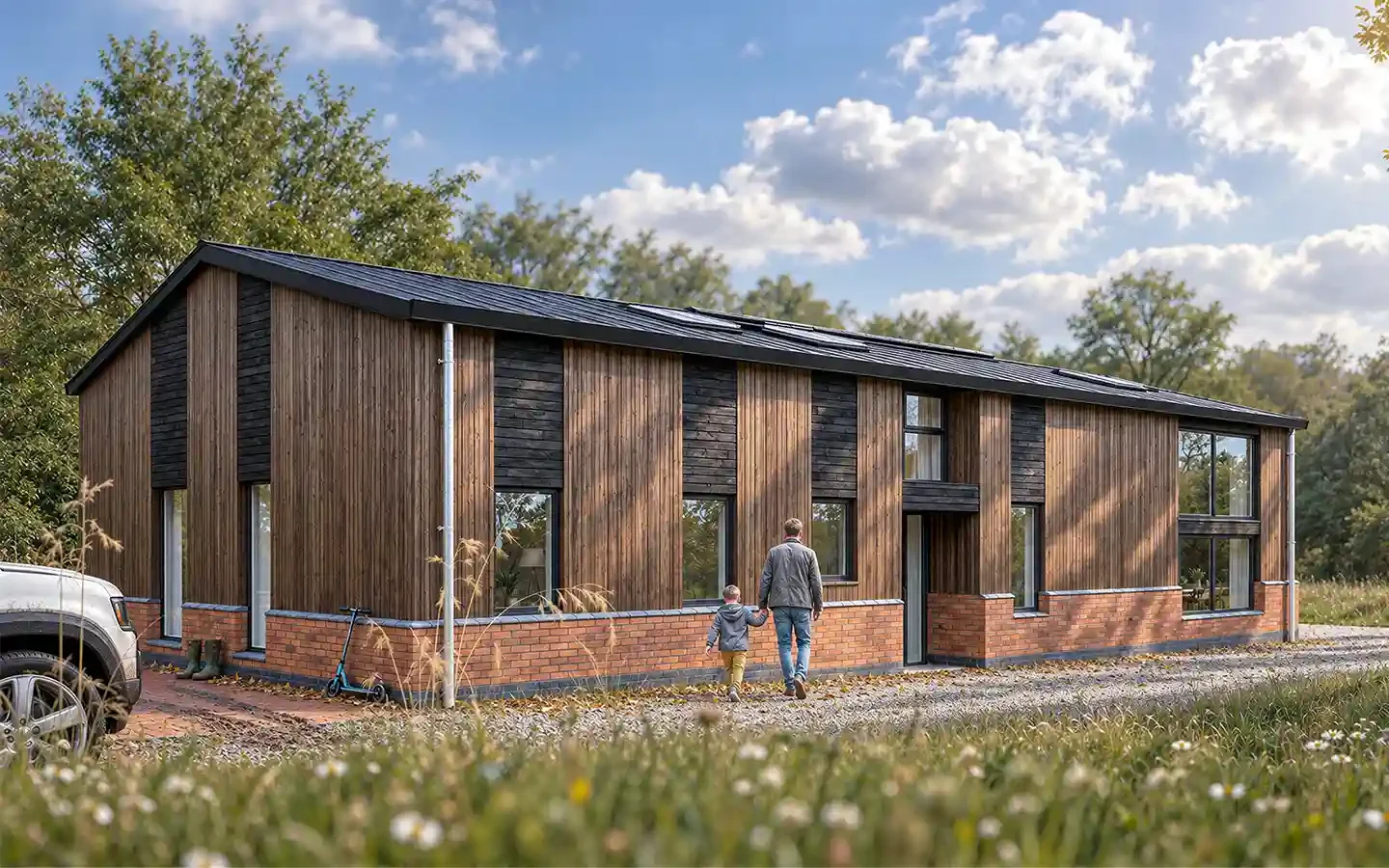 Side elevation of a Worcestershire barn conversion with wood-grain-effect cladding, a reclaimed brick plinth, a standing-seam roof and tall contemporary window openings.