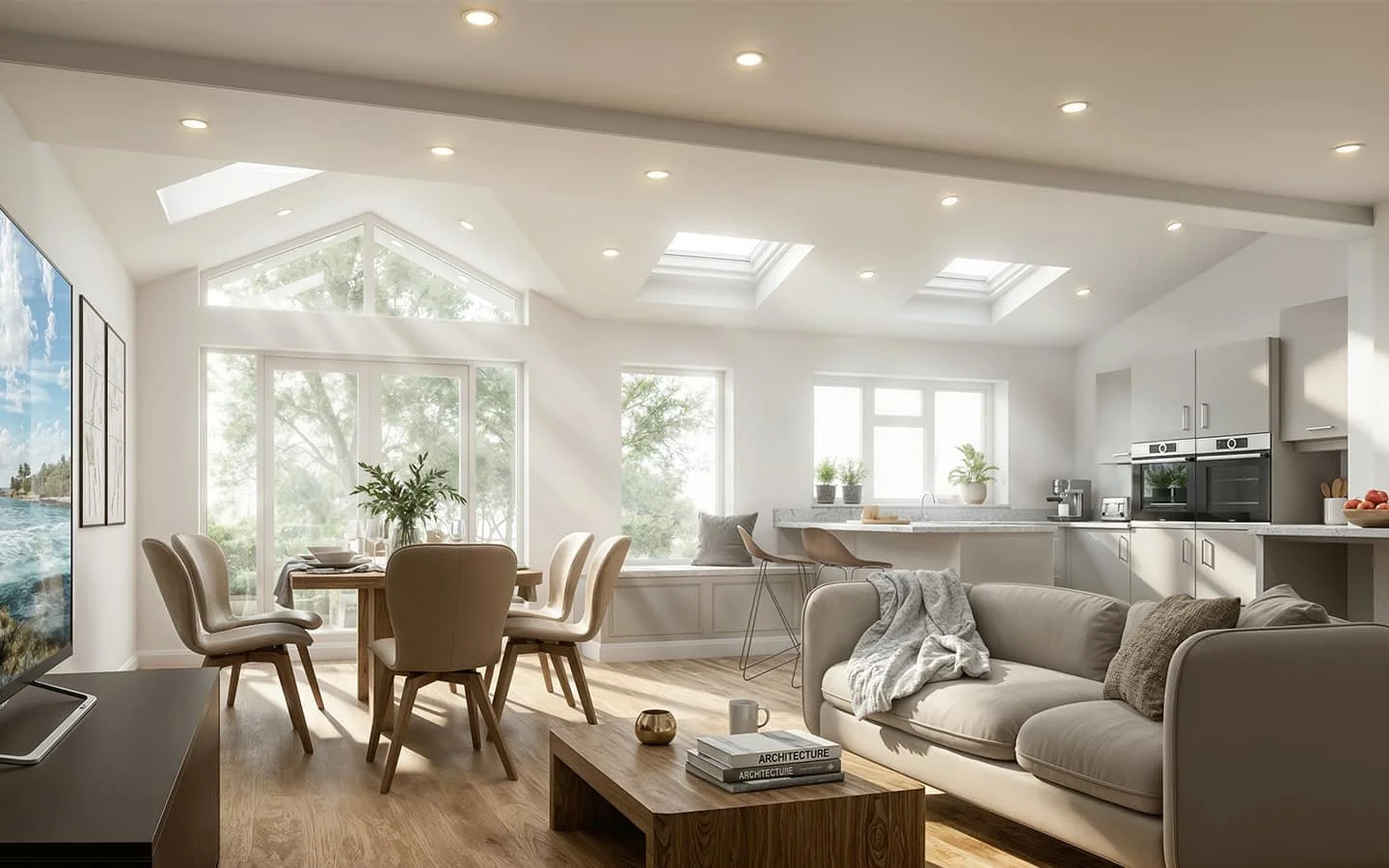 Birmingham single-storey rear extension creating open-plan living under a vaulted ceiling.