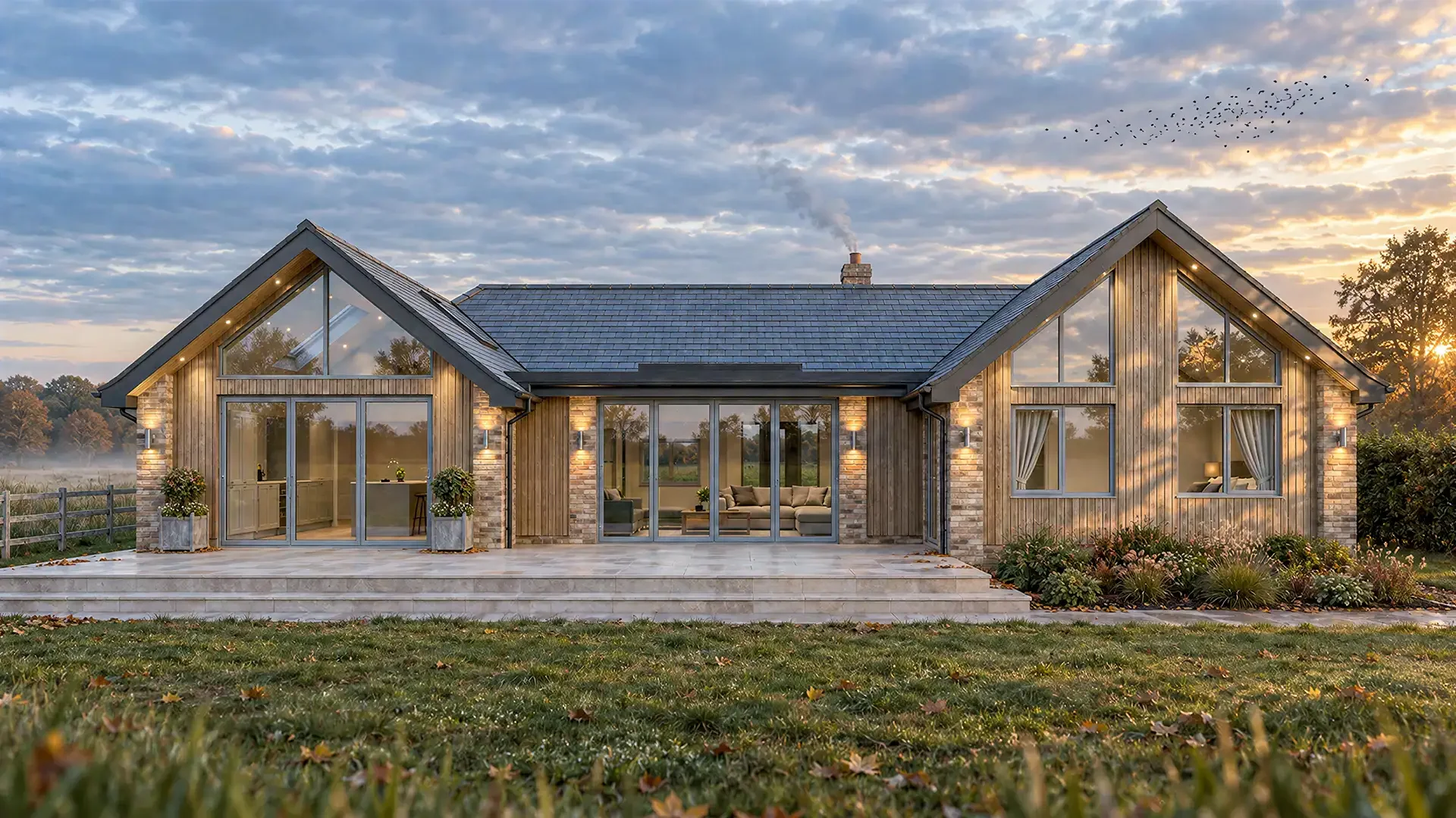 Proposed garden view of a large bungalow extension in Lapworth, with two glazed gables flanking a central flat-roofed extension.