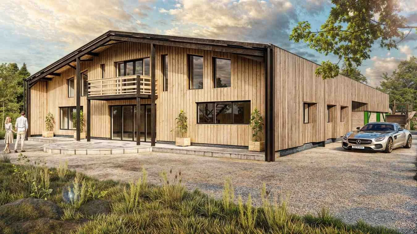 Steel portal frame barn conversion in the Cotswolds, reimagined as a luxurious family home within the greenbelt. Bespoke Class Q plans blending rural charm with contemporary living, tailored to meet planning and building regulations.