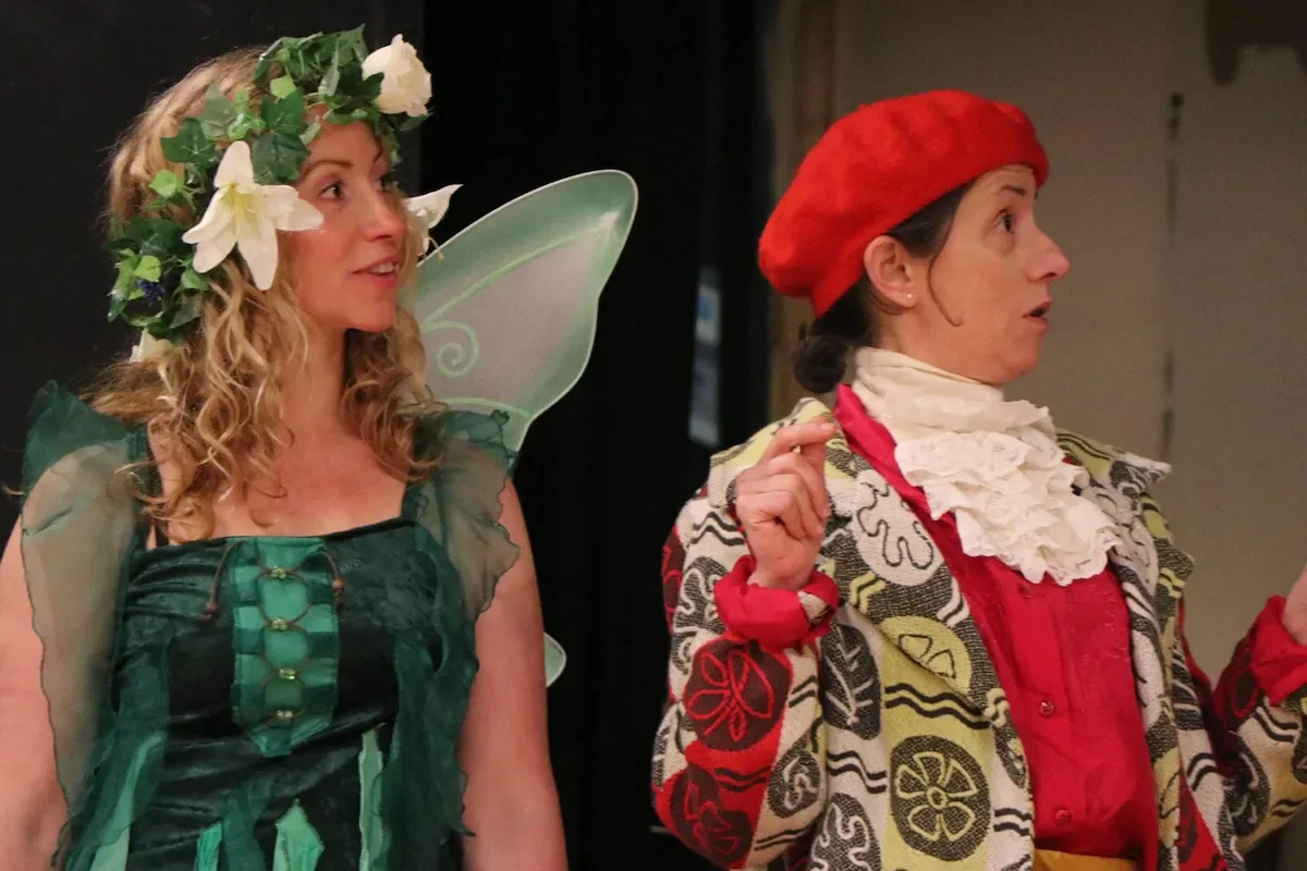 Pinocchio pantomime production photo featuring two actors