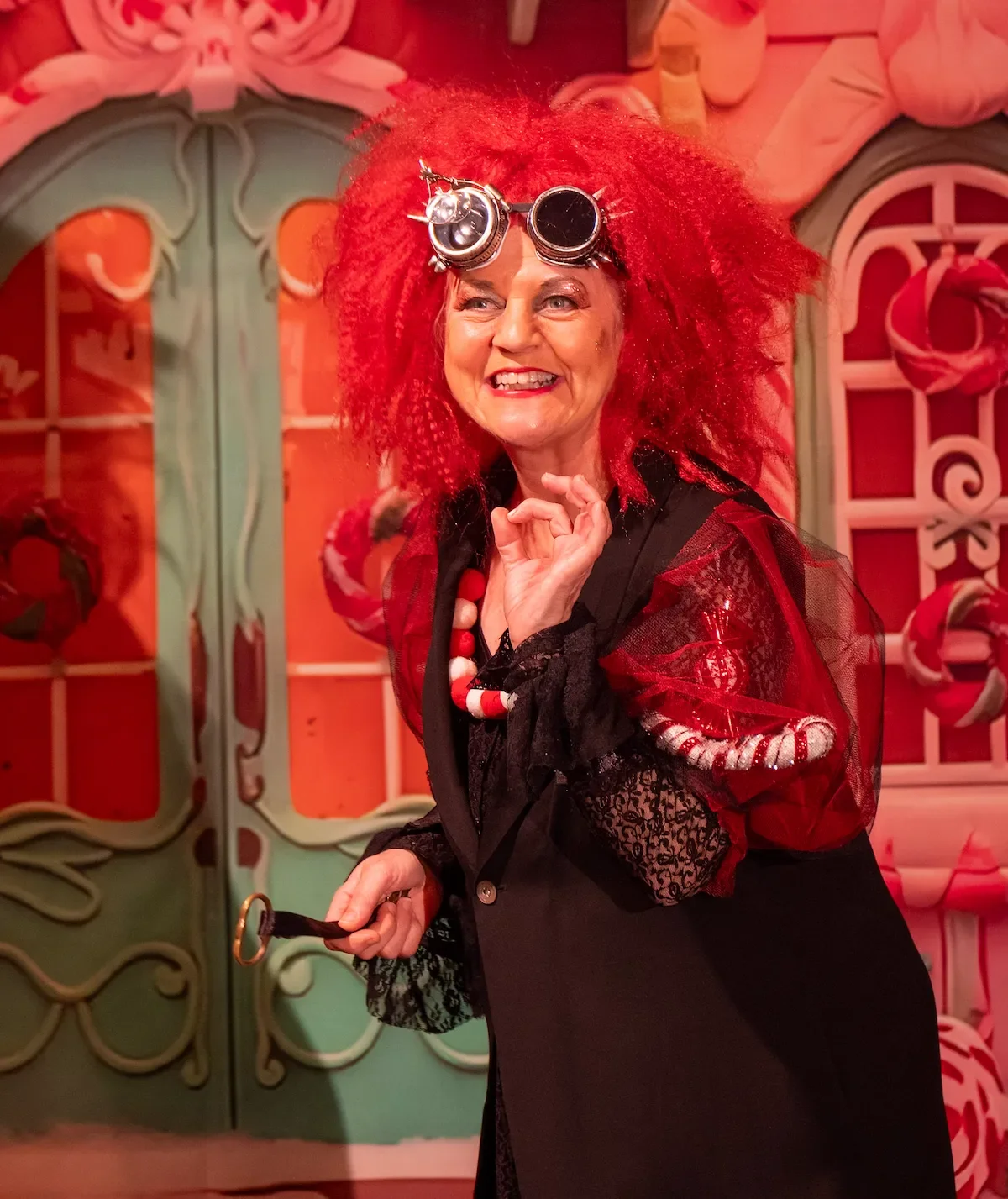 Performer as Griselda, the wicked witch, in a production of Hansel and Gretel pantomime script