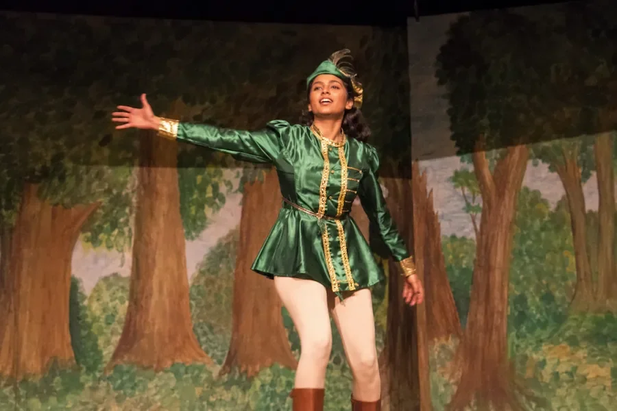 A performer as Robin Hood wearing a green tunic and hat with a feather
