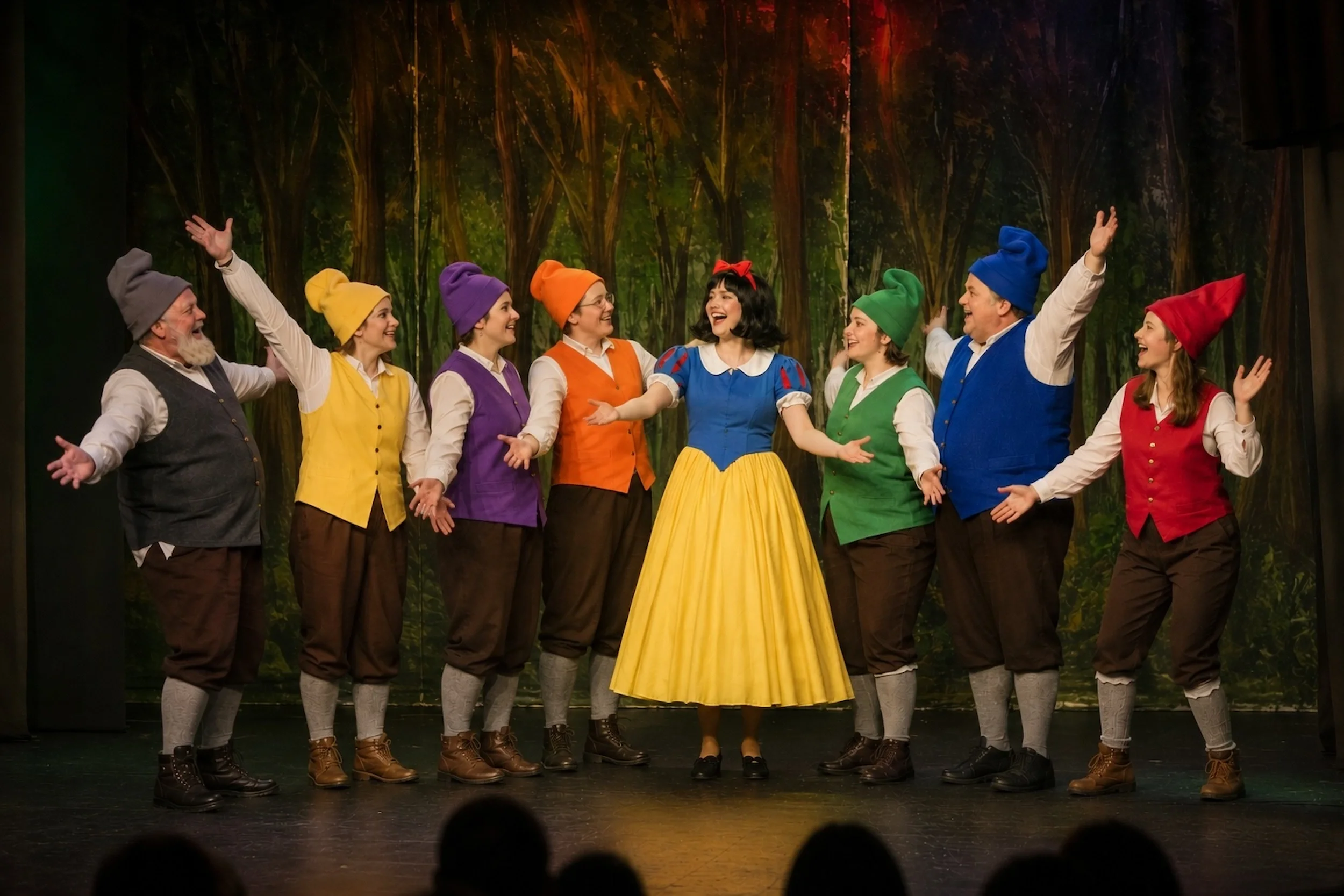 Snow White pantomime script performance photo featuring Snow White and the Dwarves