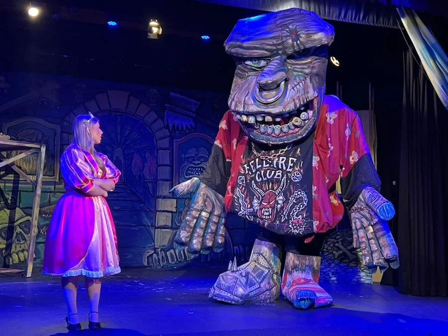 Giant Bluderbore and Princess Jill in a production photo of Jack and the Beanstalk pantomime script