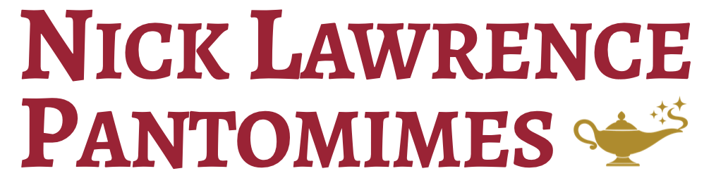 Nick Lawrence Pantomimes logo in deep theatrical red letters alongside a deep gold Aladdin's lamp icon