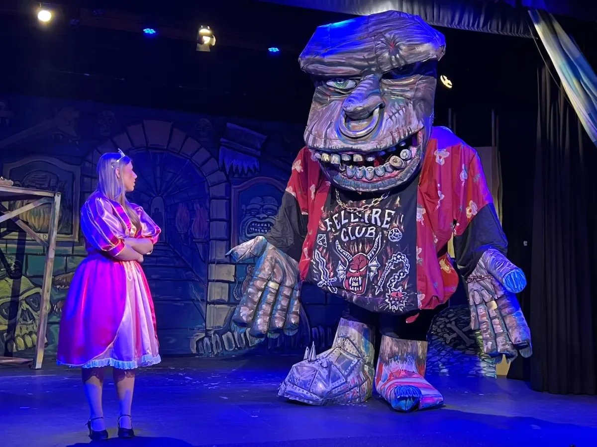 Performers as Princess Jill and the Giant in a production of Jack and the Beanstalk pantomime script