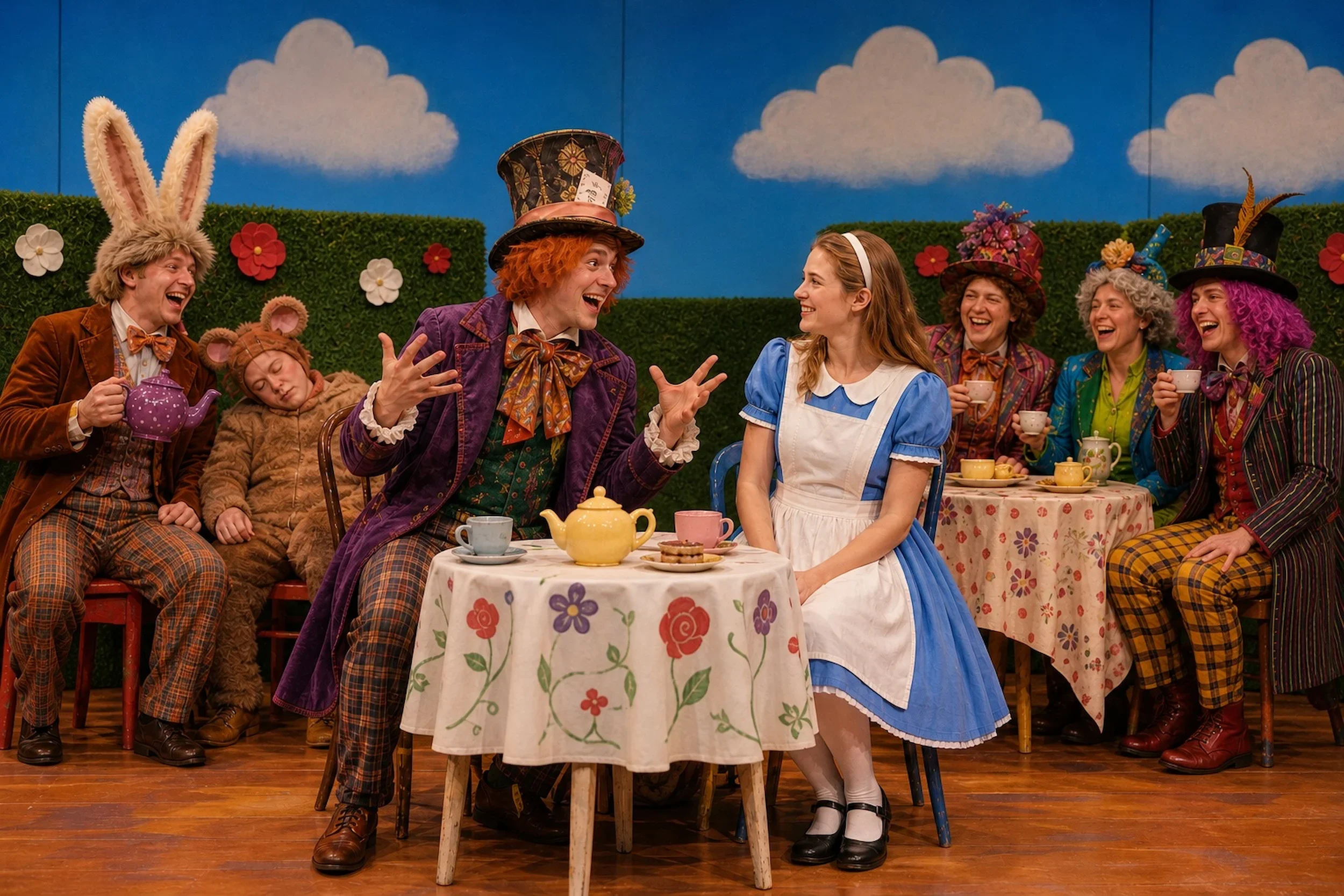 The Mad Hatter's Tea Party in a production photo of this Alice In Wonderland pantomime script