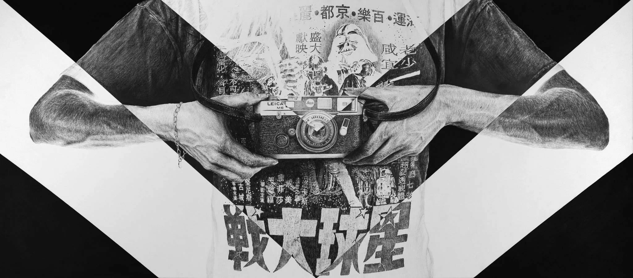 Camera Negative - Graphite on Watercolor Paper Mounted on Wooden Cradle Board 26.5x60"