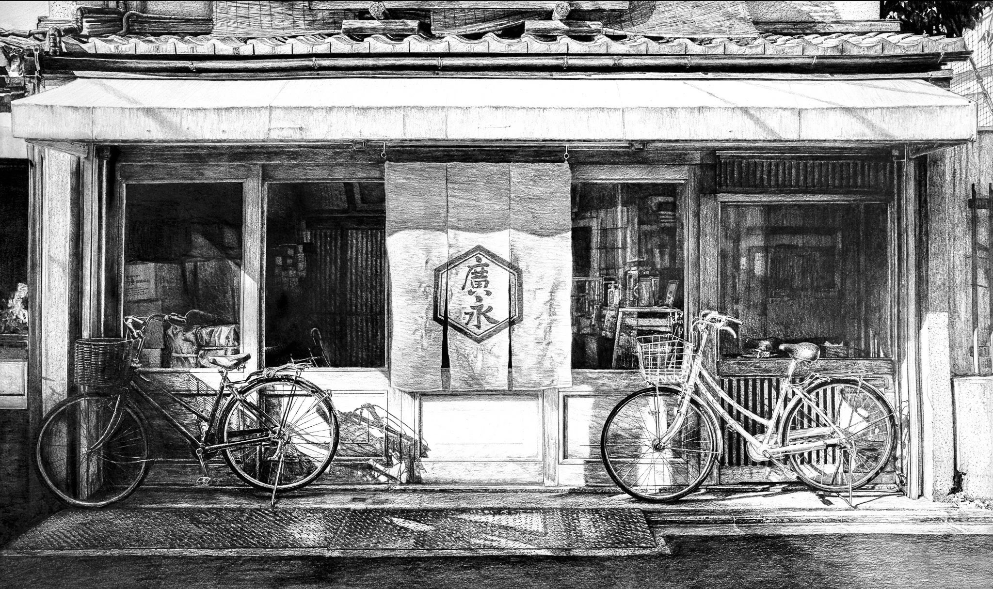 Bikes of Nara - Graphite on Watercolor Paper 30x18"