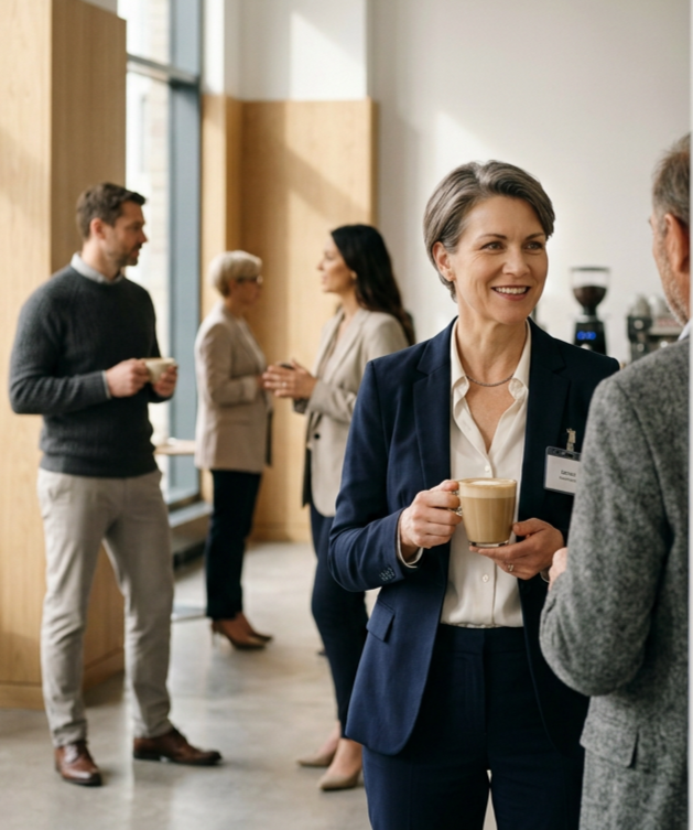 Business professionals conversing and enjoying coffee at a networking event or conference in a well-lit room with large windows.