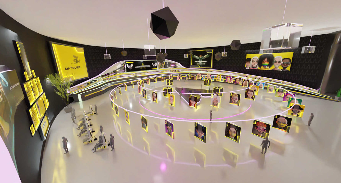 Futuristic show room with displays of animated character avatars, illuminated yellow accents, black geometric ceiling lights, and a curved adrenaline-like structure with escalators, all within a sleek black and yellow themed space.