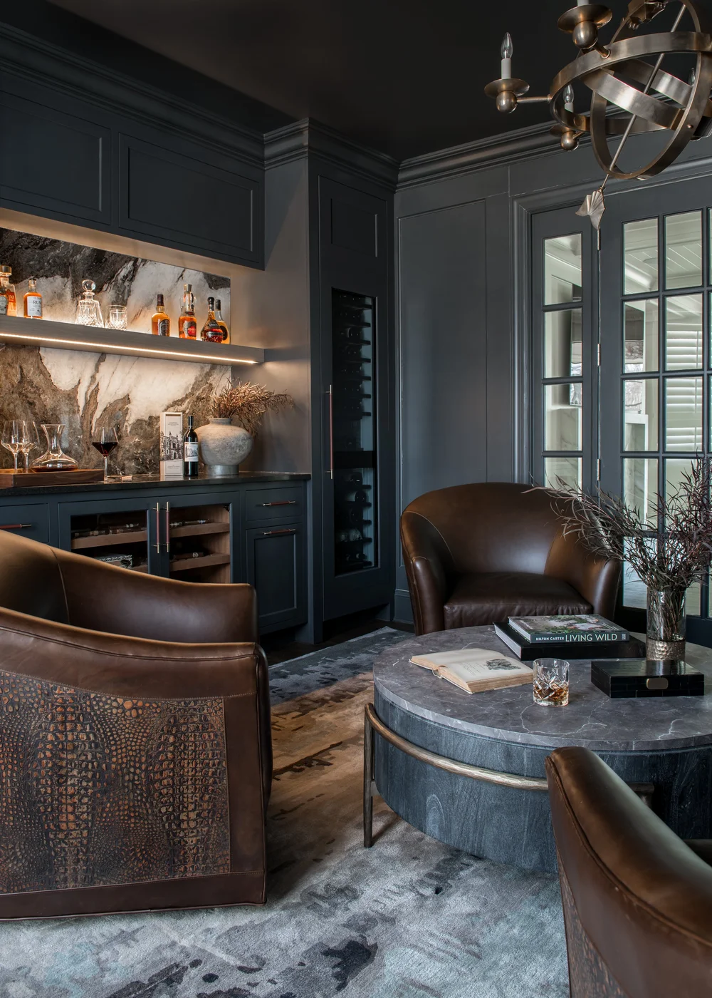 Moody Home Bar with Marble Backsplash & Humidor — Sarah Coe Design ...