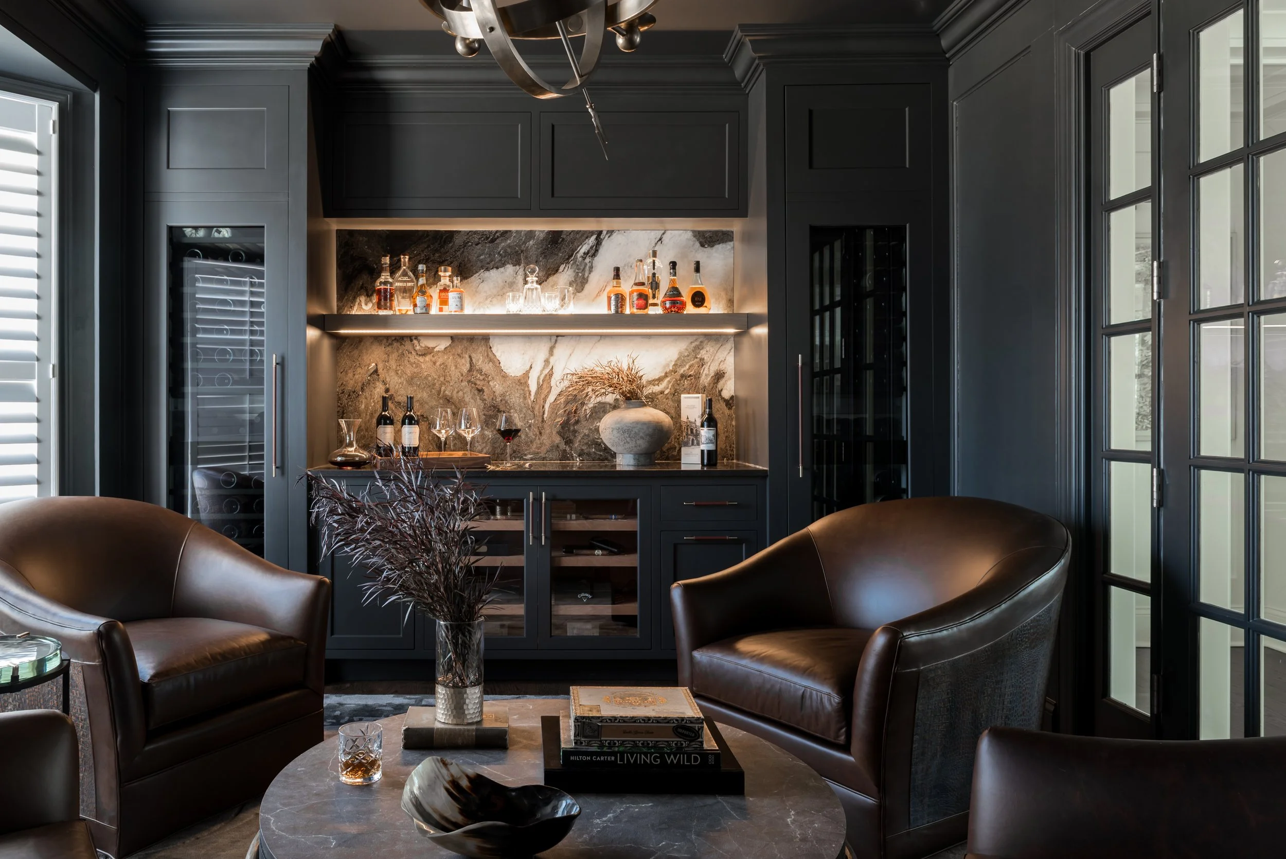 Moody Home Bar with Marble Backsplash & Humidor — Sarah Coe Design ...