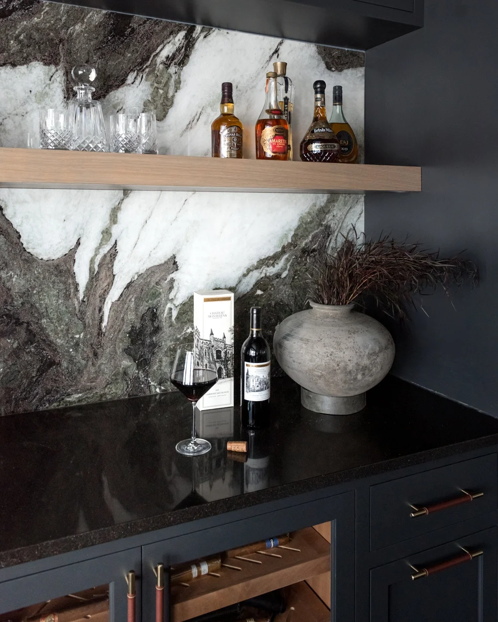 Moody Home Bar with Marble Backsplash & Humidor — Sarah Coe Design ...