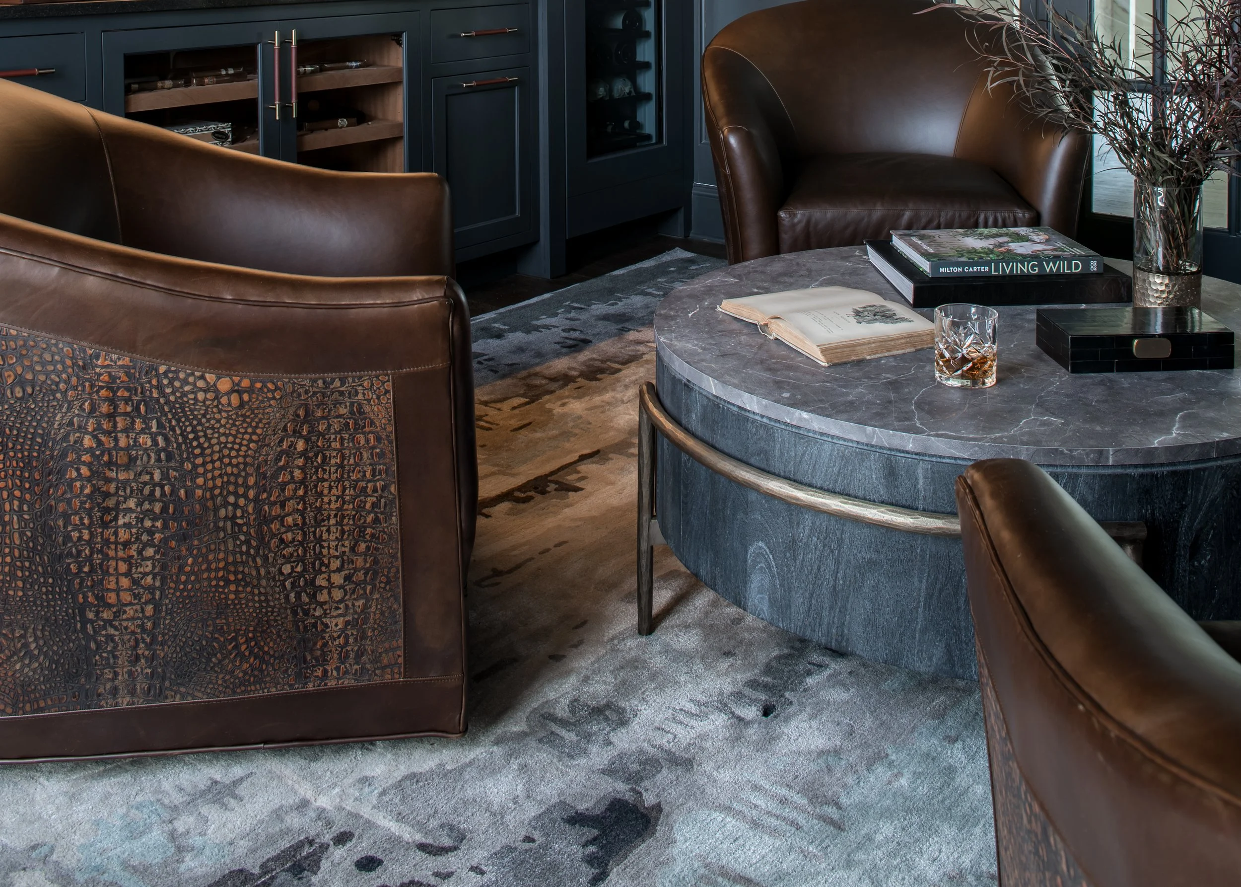 Moody Home Bar with Marble Backsplash & Humidor — Sarah Coe Design ...