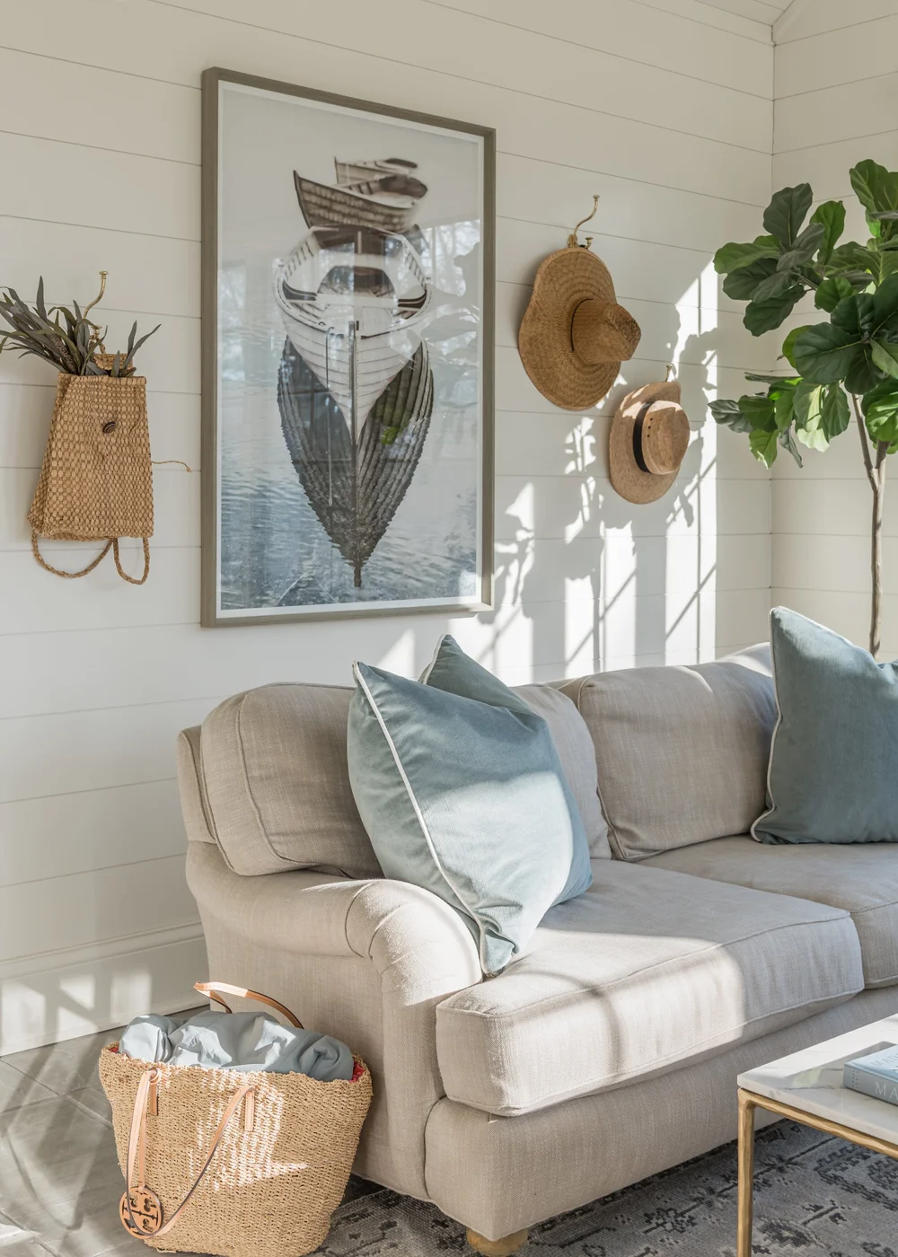 Tranquil Blue Sunroom with Woven Textures & Natural Light — Sarah Coe ...