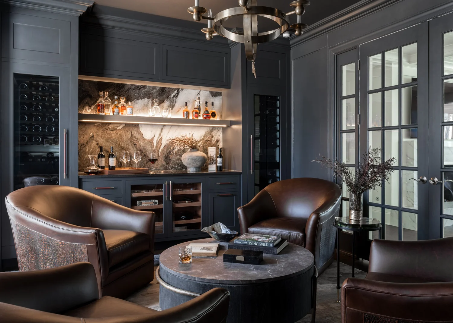 Moody Home Bar with Marble Backsplash & Humidor — Sarah Coe Design ...