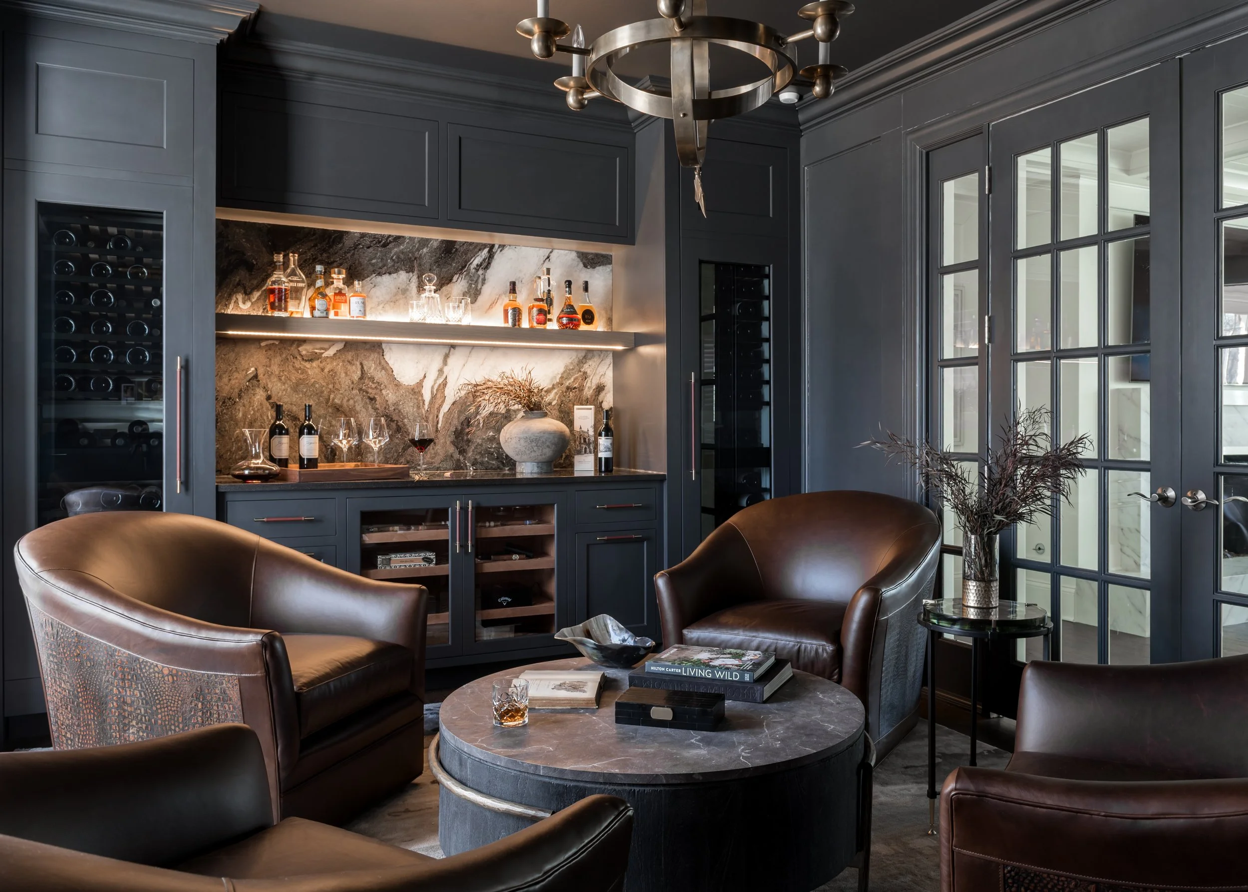 Moody Home Bar with Marble Backsplash & Humidor — Sarah Coe Design ...