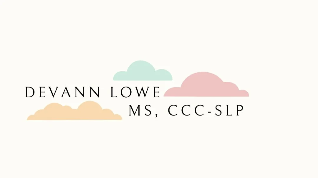 Name card with pastel cloud illustrations and the name Devann Lowe, MS, CCC-SLP.