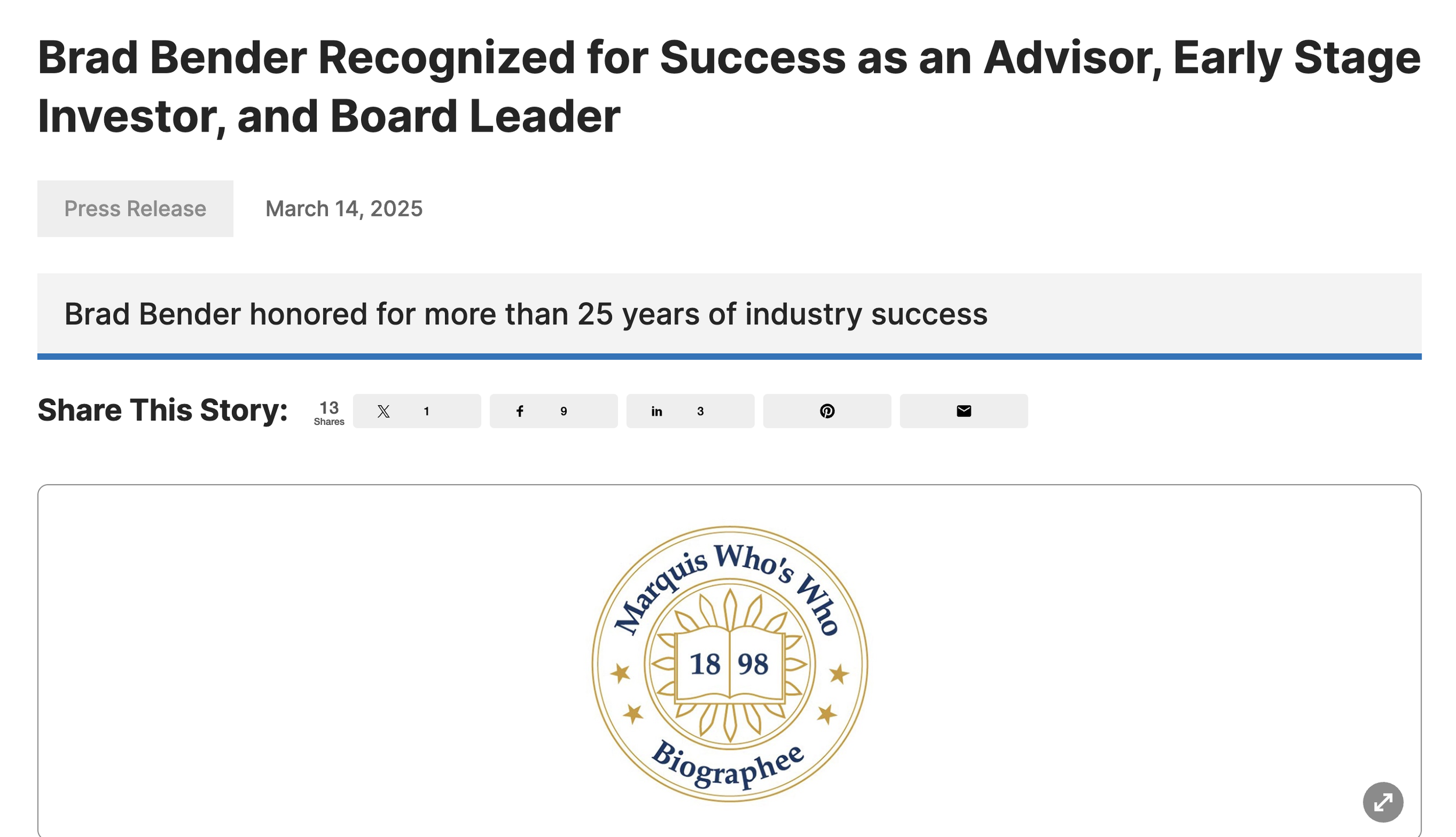 Brad Bender recognized for success as an Advisor, Early Stage Investor, and Board Leader