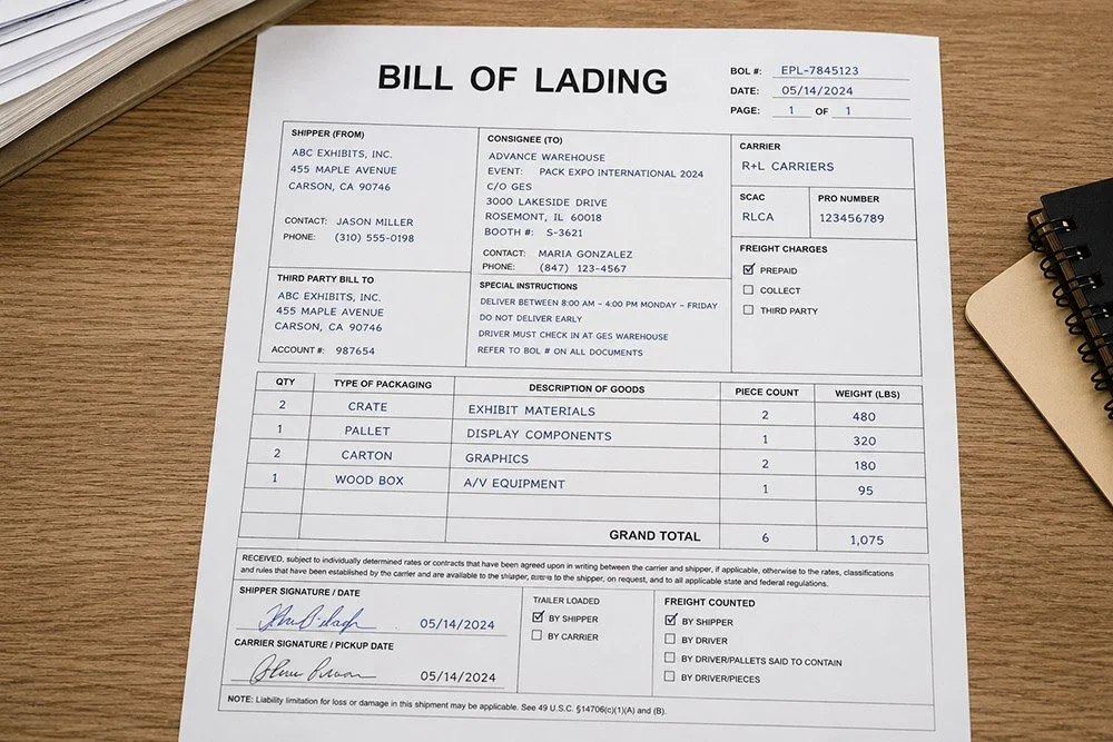 Bill of Lading document for event shipping