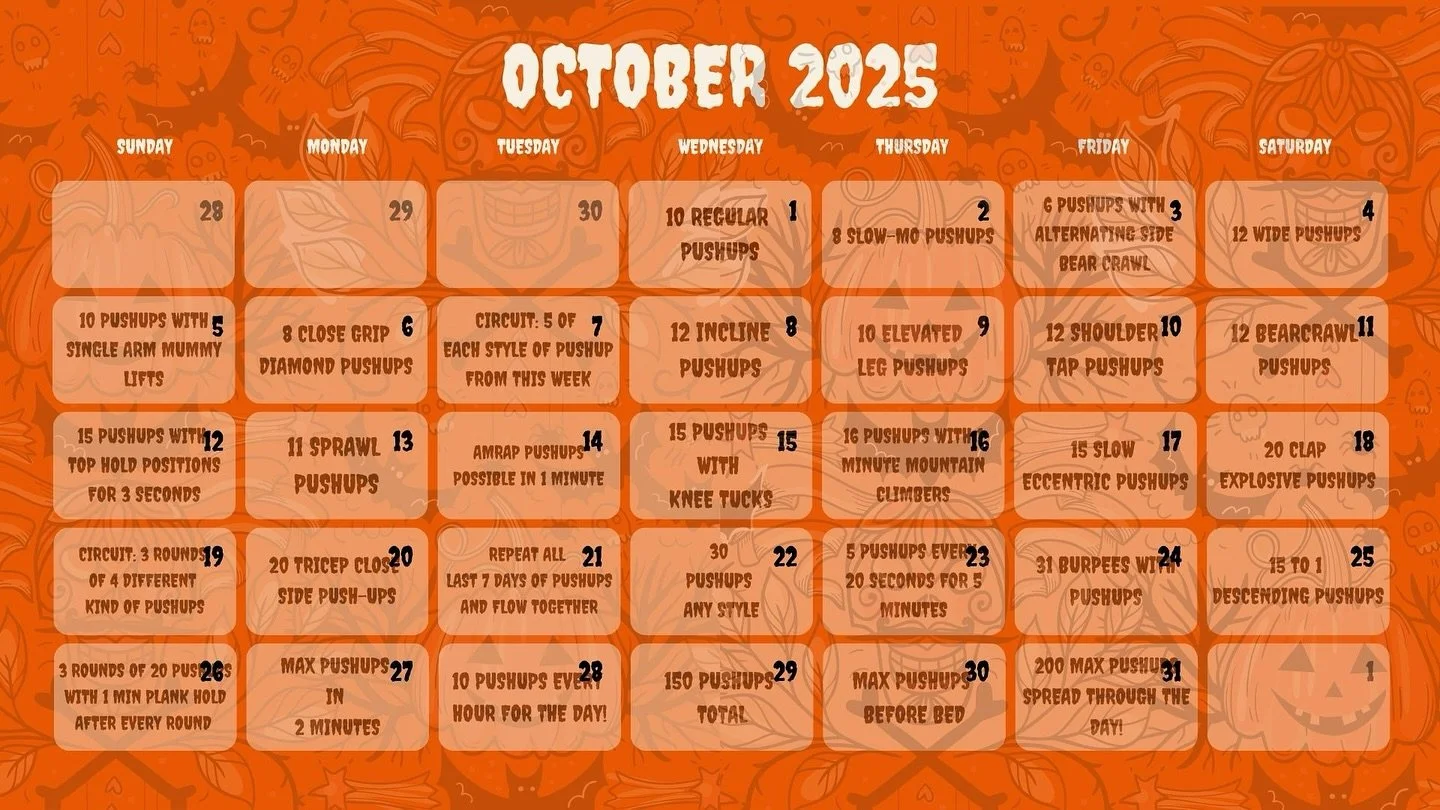 Tomorrow it begins&hellip; 31 Nights of Fright &ndash; Push-Up Challenge 

Every day in October we&rsquo;re hitting a spooky push-up variation. Testing your strength while keeping you moving all month long.

🎃 Free to join
🎃 1 daily push-up challen