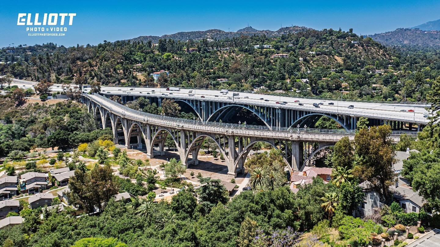 The Historic &ldquo;Colorado Street&rdquo; Bridge in Pasadena, CA is dwarfed by the Ventura Freeway also known as the Pioneers Bridge. Photo taken by Elliott Photo &amp; Video using the DJI Mavic 2 Pro.