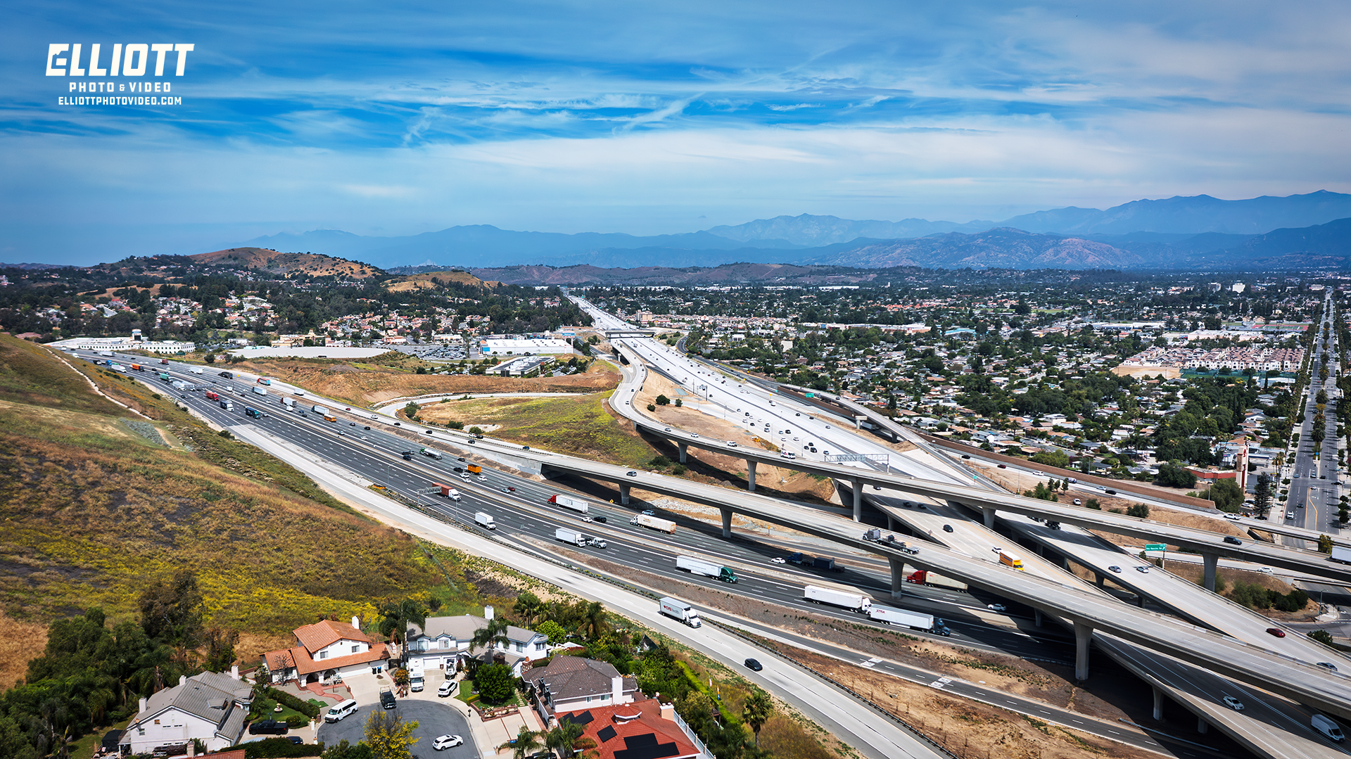 High Quality aerial drone photography professional edit shows the Intersection of CA-60 and CA-71 Freeways in Chino Hills, CA. dji, djimavic2pro, cityofchinohills, elliottphotovideo.com,  