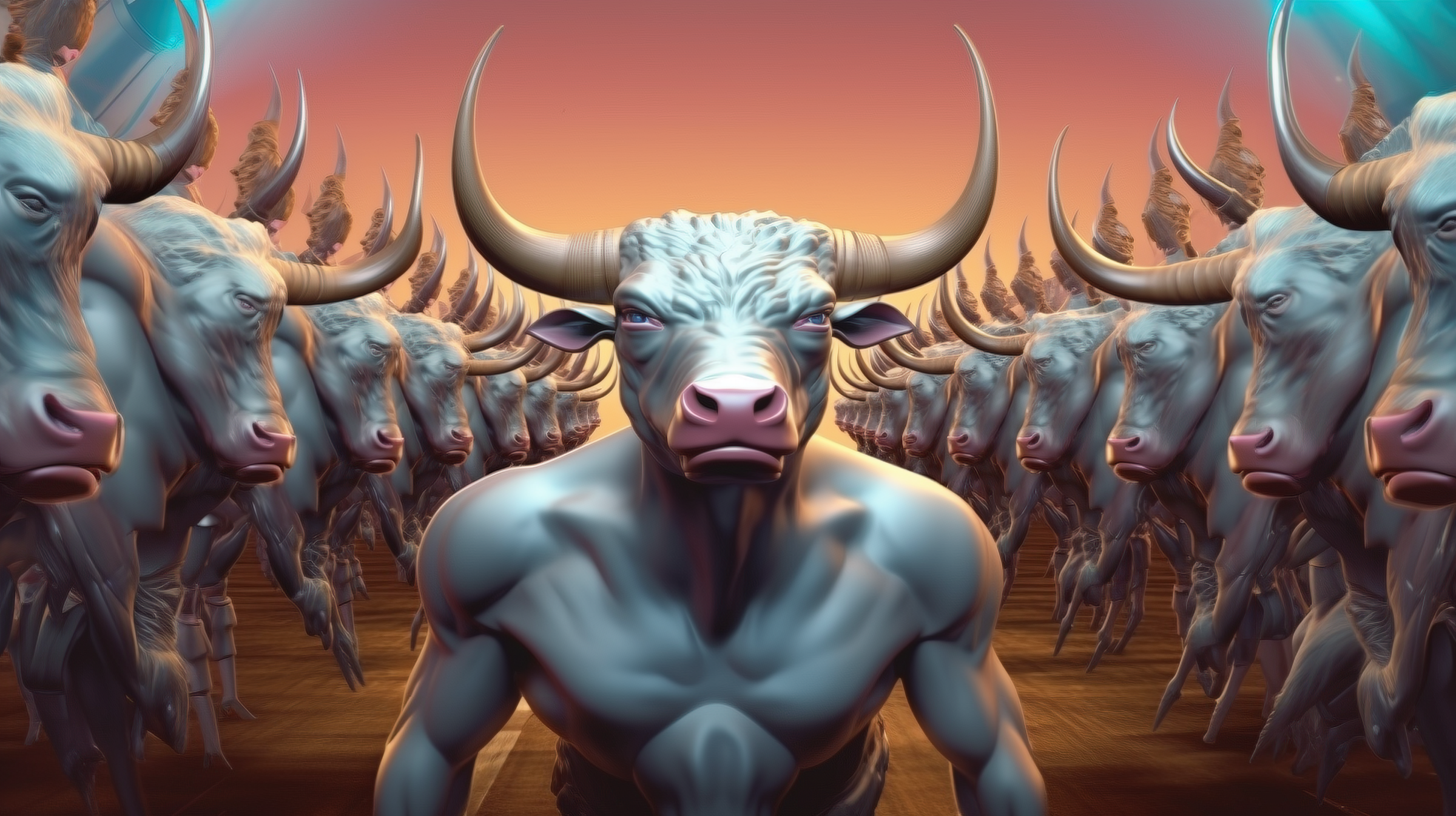 A robot-like humanoid with a bull's head in the center, surrounded by rows of similar bull-headed robots, under a sunset sky.