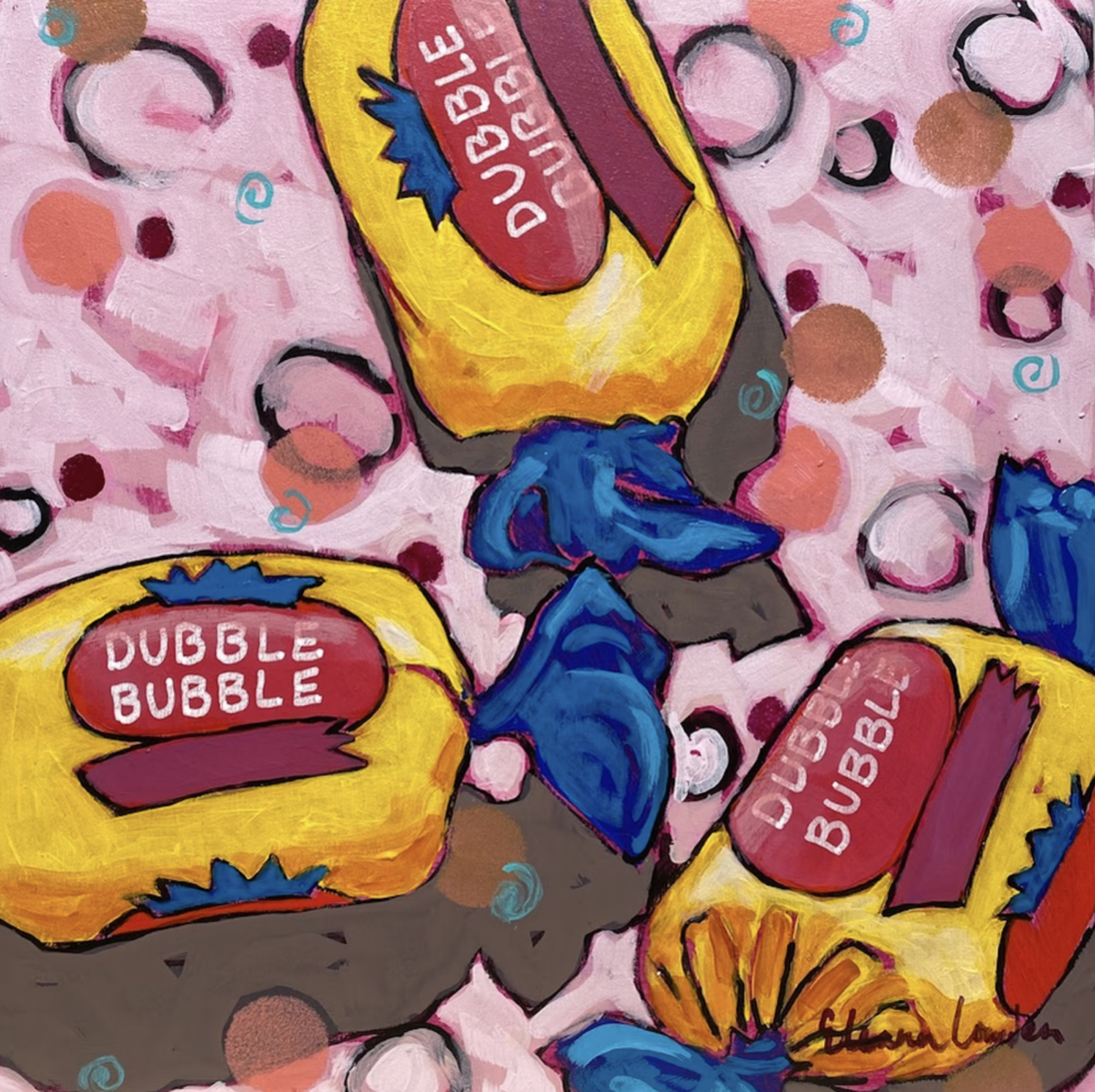 A colorful painting featuring multiple cans of Dubble Bubble gum with pink bubblegum pop art, surrounded by pink and brown circles and blue swirls.