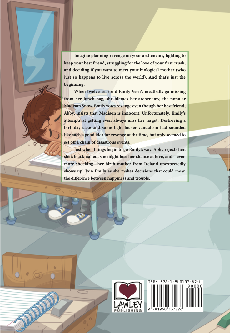 Illustrated back cover of Madison is Possibly, Probably, Positively Guilty by Karolyn Kearney, showing a classroom scene with a student resting her head on a desk and the book’s synopsis text.
