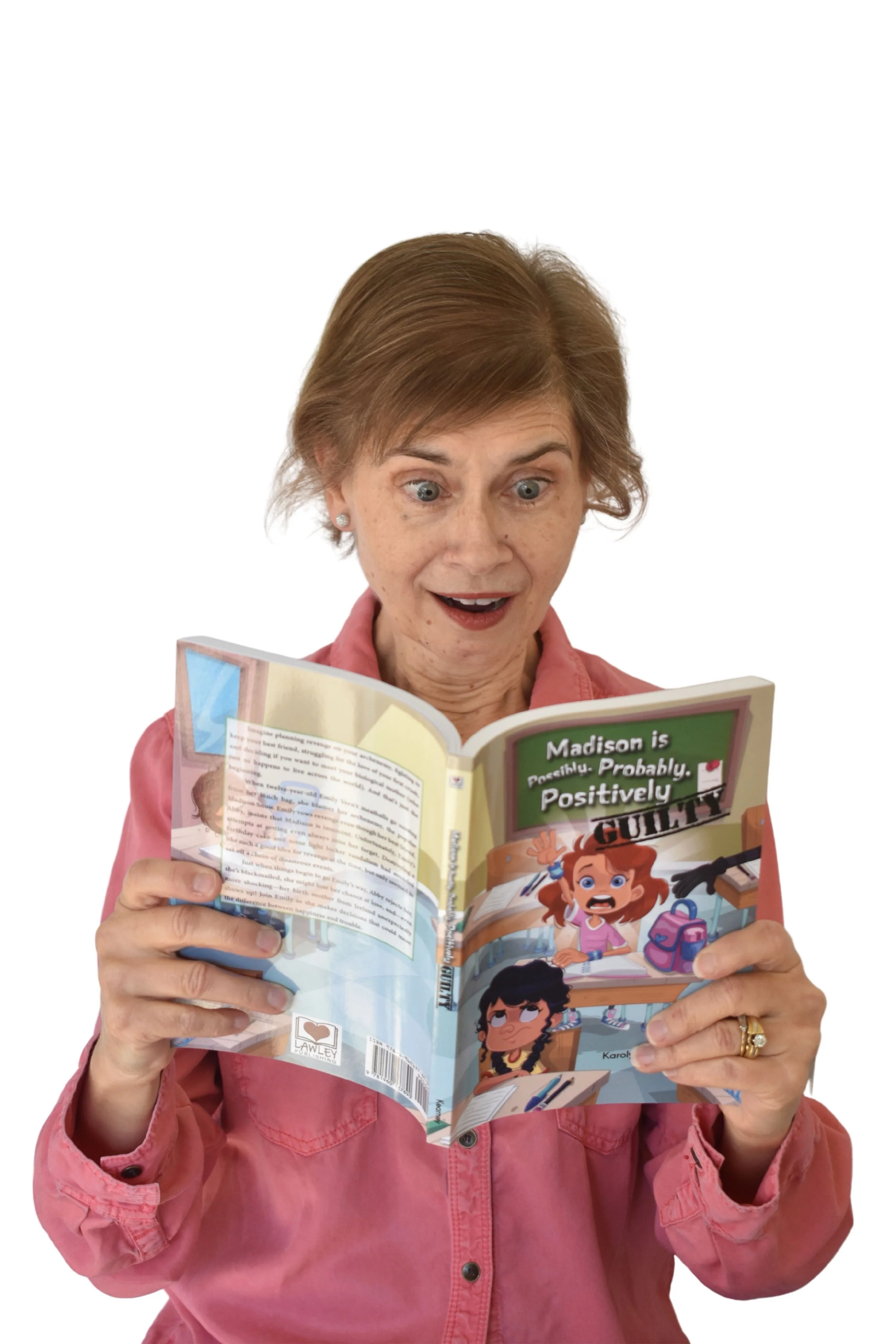 Author reading her middle grade novel Madison Is Possibly, Probably, Positively Guilty with a surprised expression.