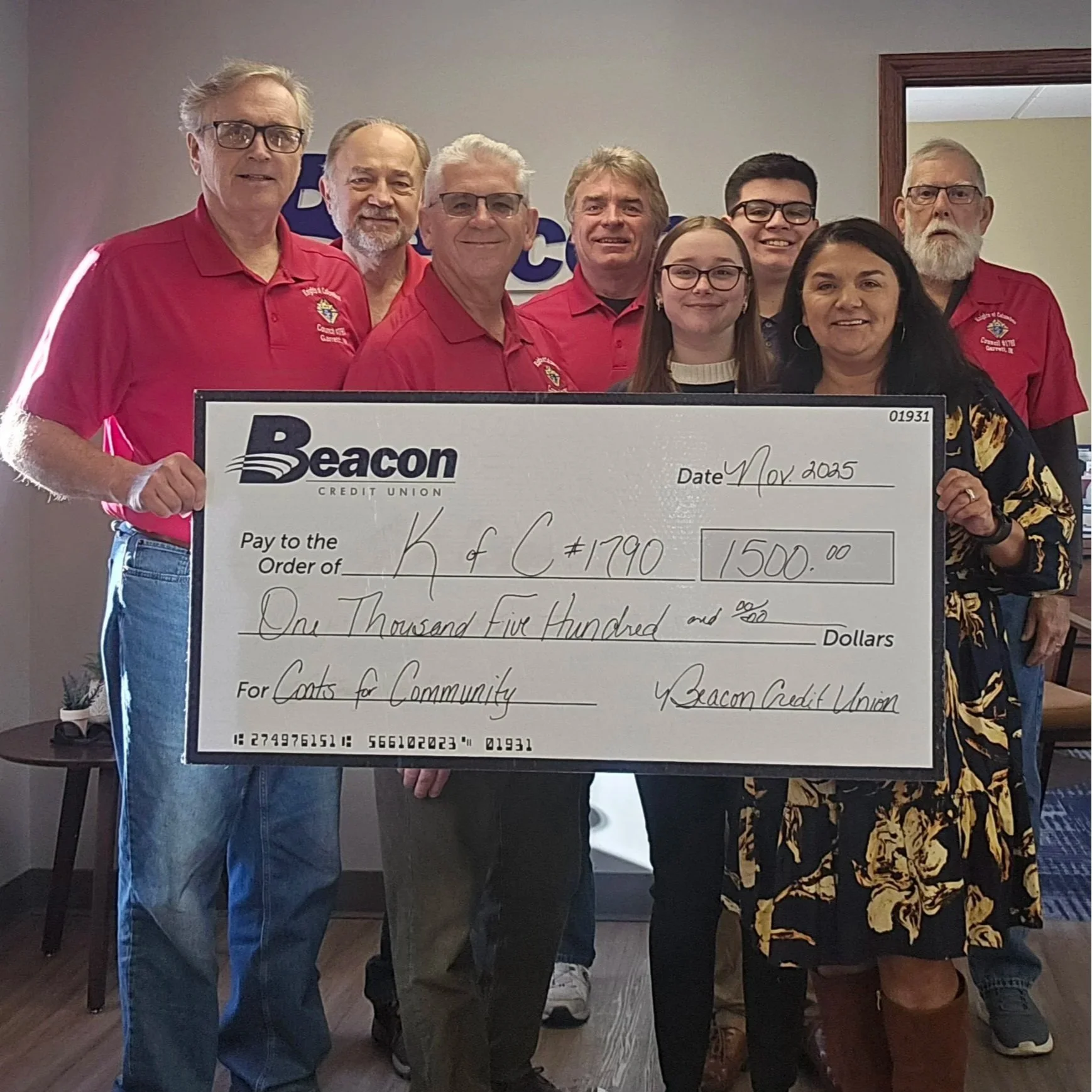 Beacon Credit Union donates $1,500 to Knights of Columbus #1790