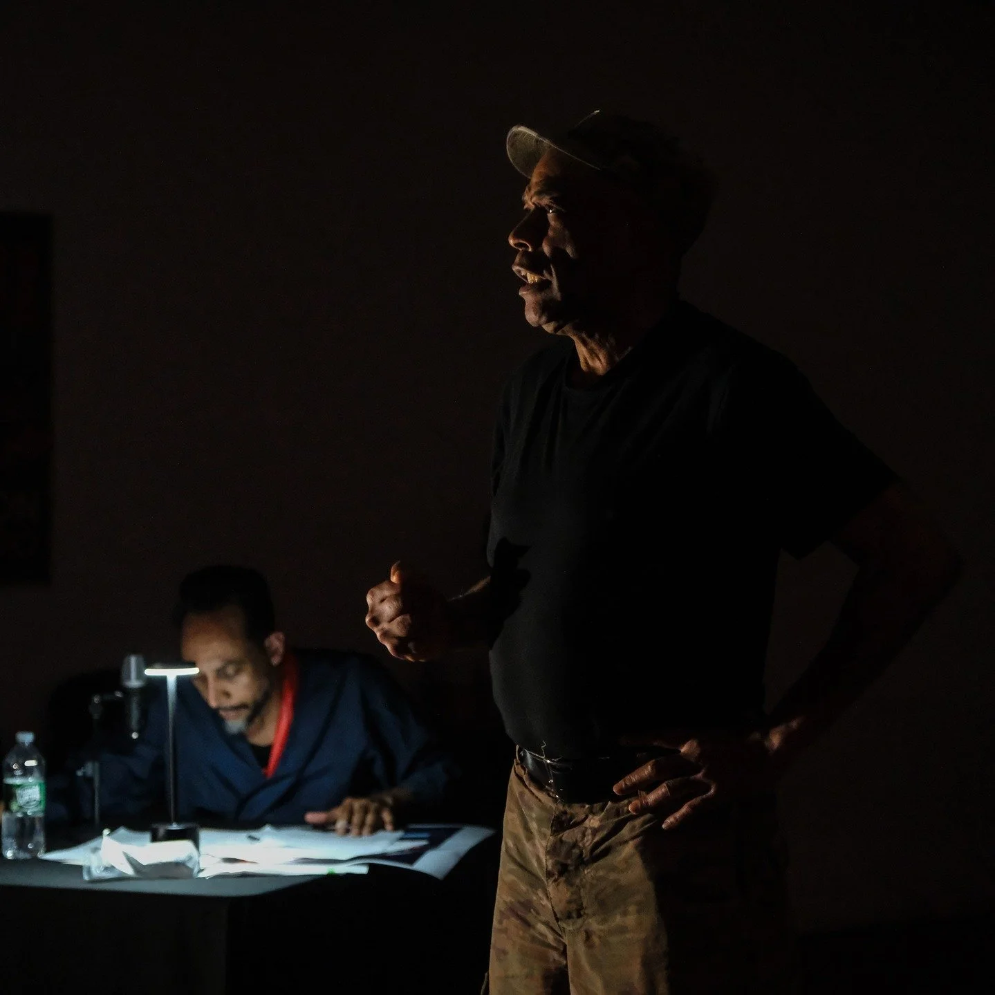 &quot;My Dying City&quot; - rehearsal on May Day, part of our Action Lab Artist-in-Action fellowship presentation. Working this scene is Ward Nixon as the heartbroken guerrilla revolutionary who's son was killed by a missile and Dennis Leroy Kangalee