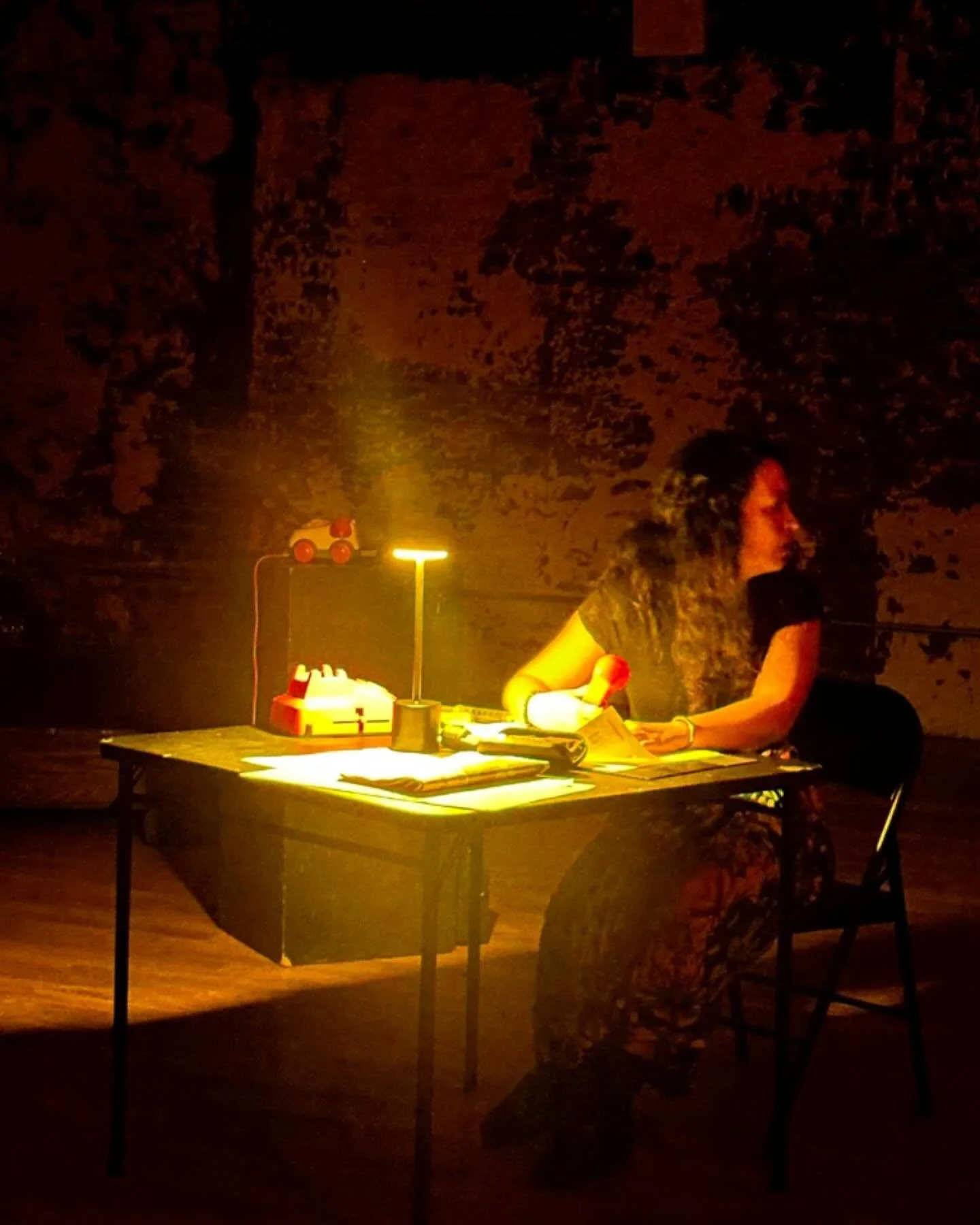 A still from our May Day open rehearsal of &ldquo;My Dying City (Or: The Social Justice Suicide Hour,&rdquo; our current work-in-progress&hellip;we see Deborah Dominguez here as &ldquo;Kathee Kafka&rdquo; slowly traumatized by the explosions in her l
