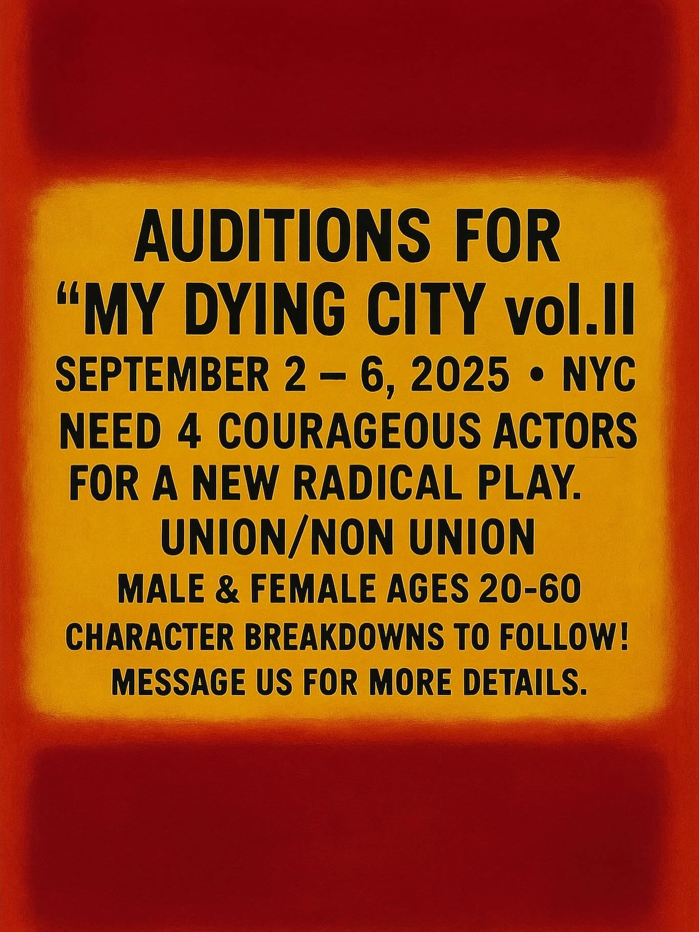 Thanks to the Venturous Theater Fund&rsquo;s Artist Advancement Initiative, we are able to move forward with our most radical play yet&hellip;Actors get ready! MY DYING CITY premieres in January 2026 in NYC. Stay tuned for more details. Visit our web
