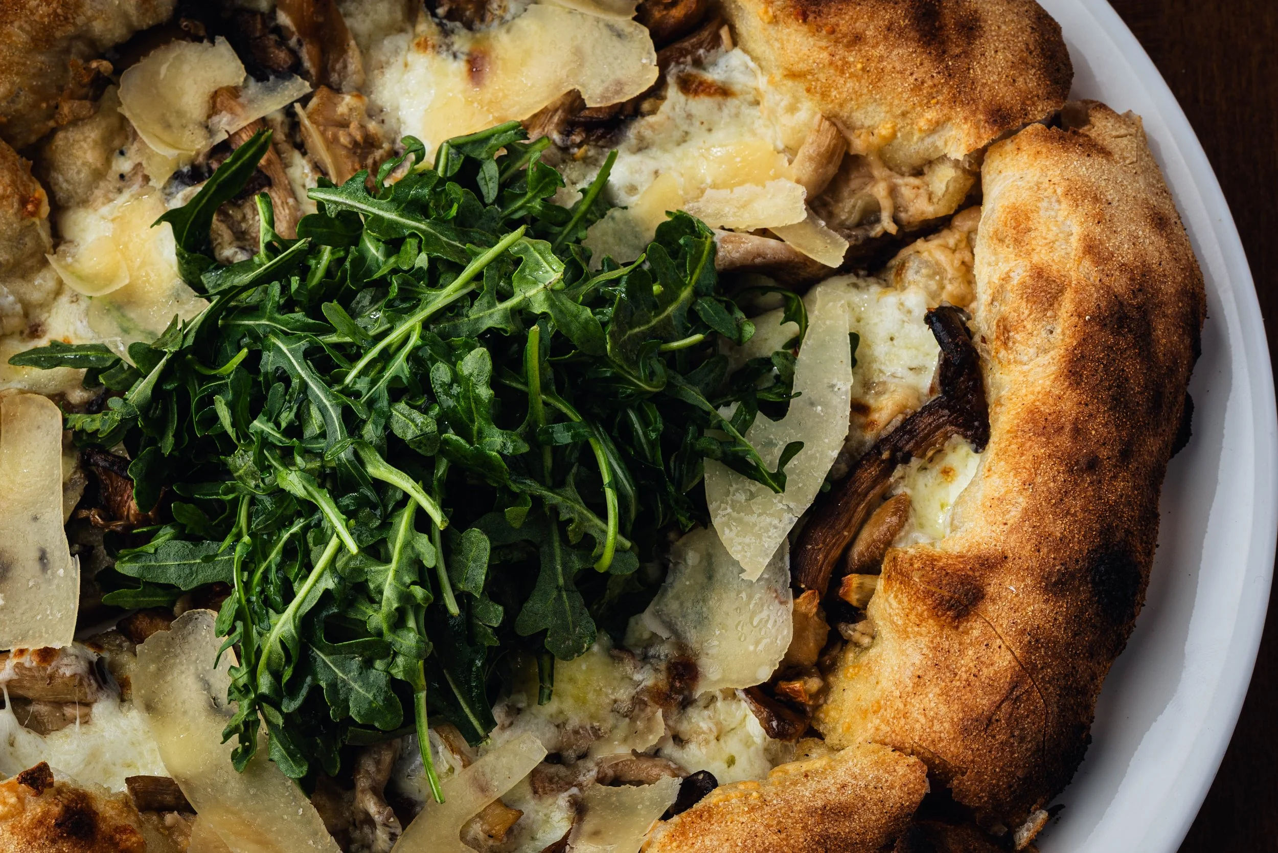 Foraged Mushroom Pizza - Ricotta, truffle asiago, house mozzarella, arugula, garlic confit, olive oil
