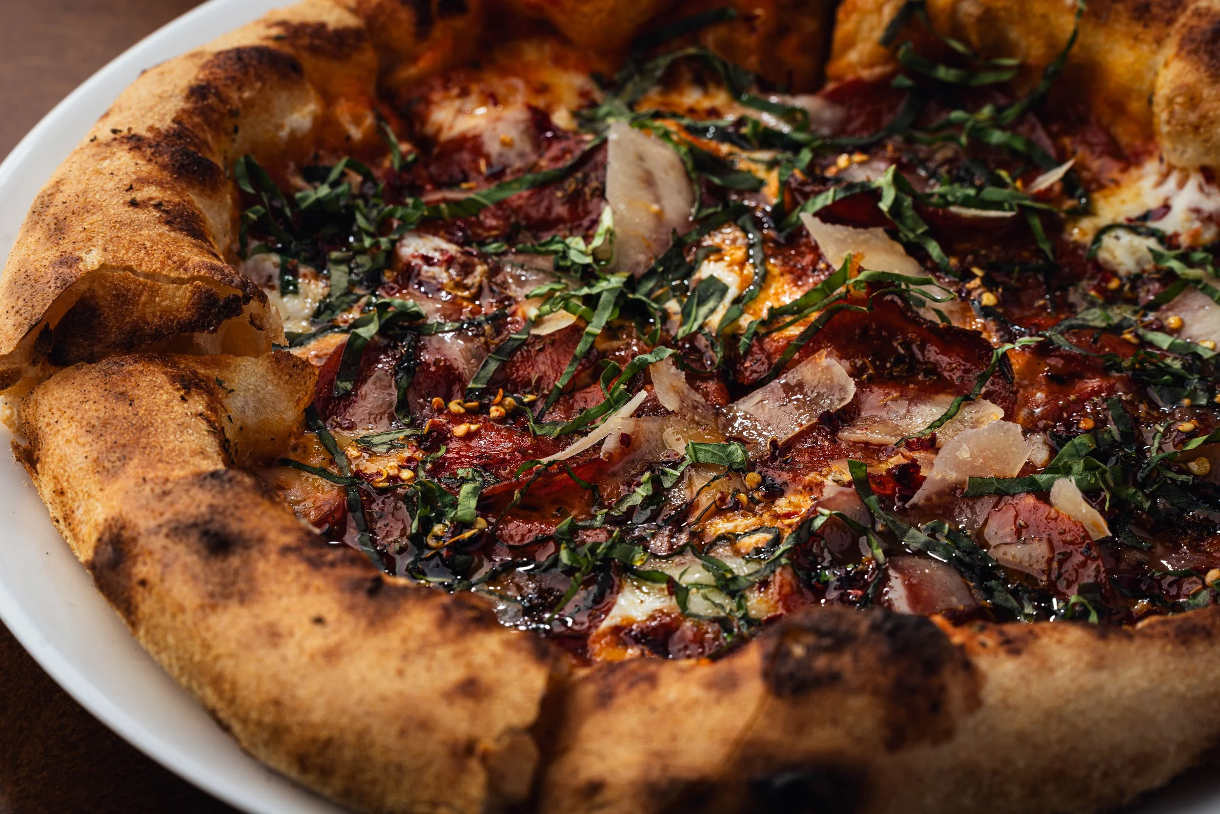 Hot Honey & Pepperoni Pizza - Marinara, house mozzarella, provolone, oregano, grana flakes 