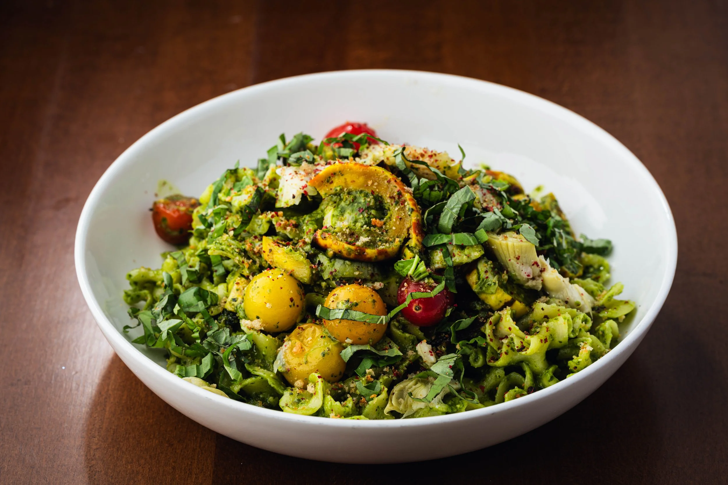 Malfadine - Spinach-cashew pistou, cherry tomatoes, artichoke hearts, winter squash, basil, breadcrumb, pink peppercorn