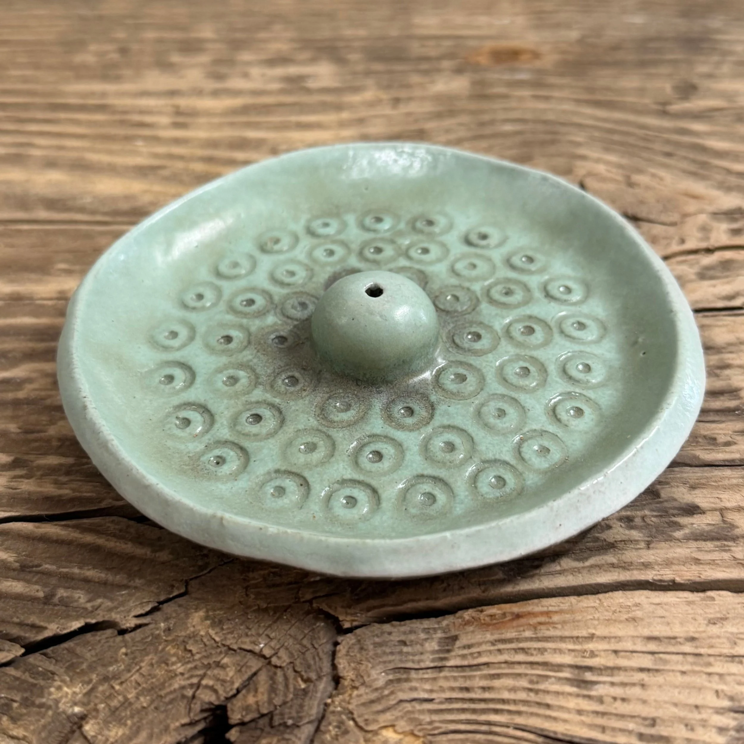 handcrafted incense holder, made from stoneware clay and finished in a soft matte mint glaze.