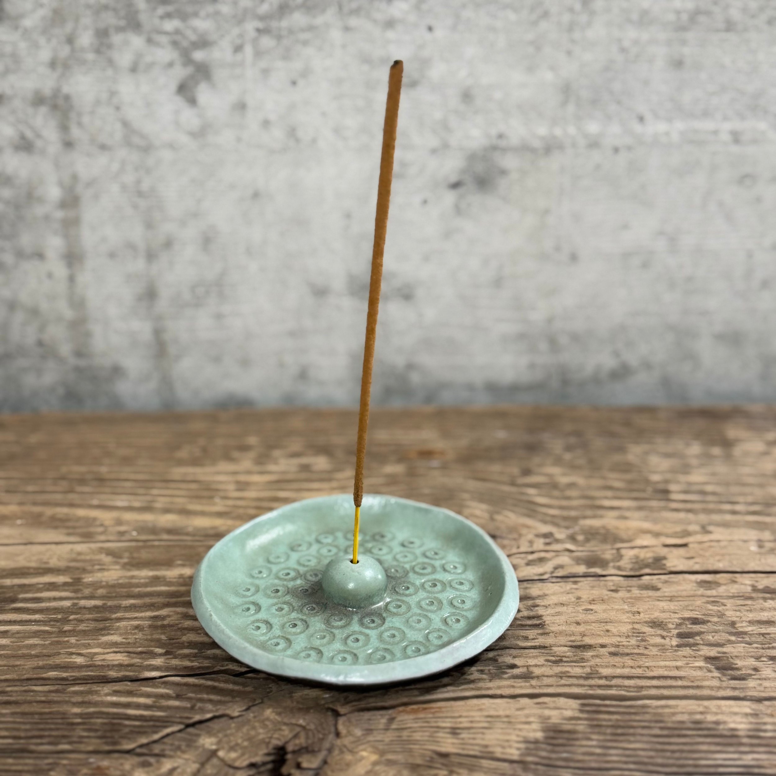 handcrafted incense holder, made from stoneware clay and finished in a soft matte mint glaze.