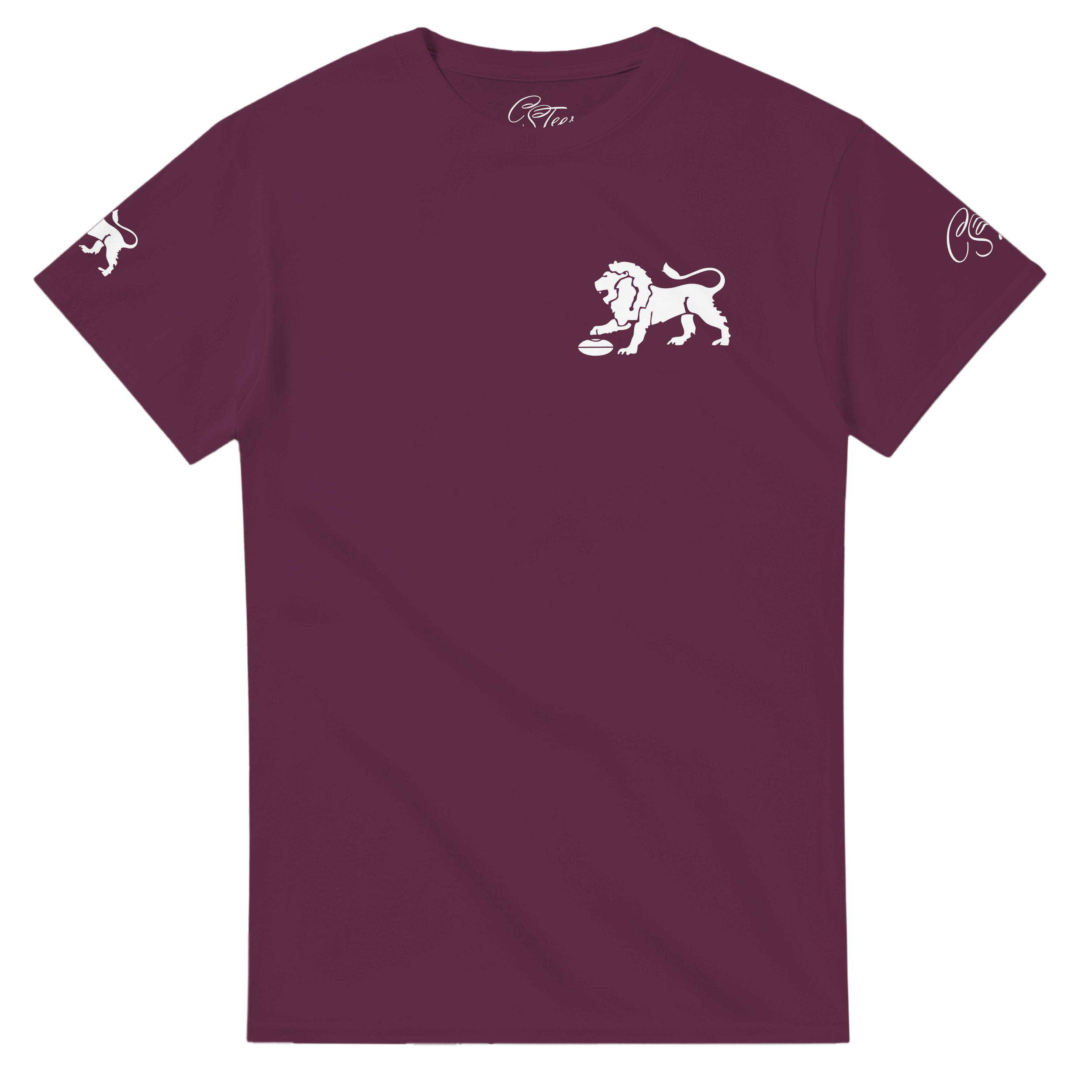 CSTees_LIONSPremiers_Tee_WHITEonMaroon_front.png