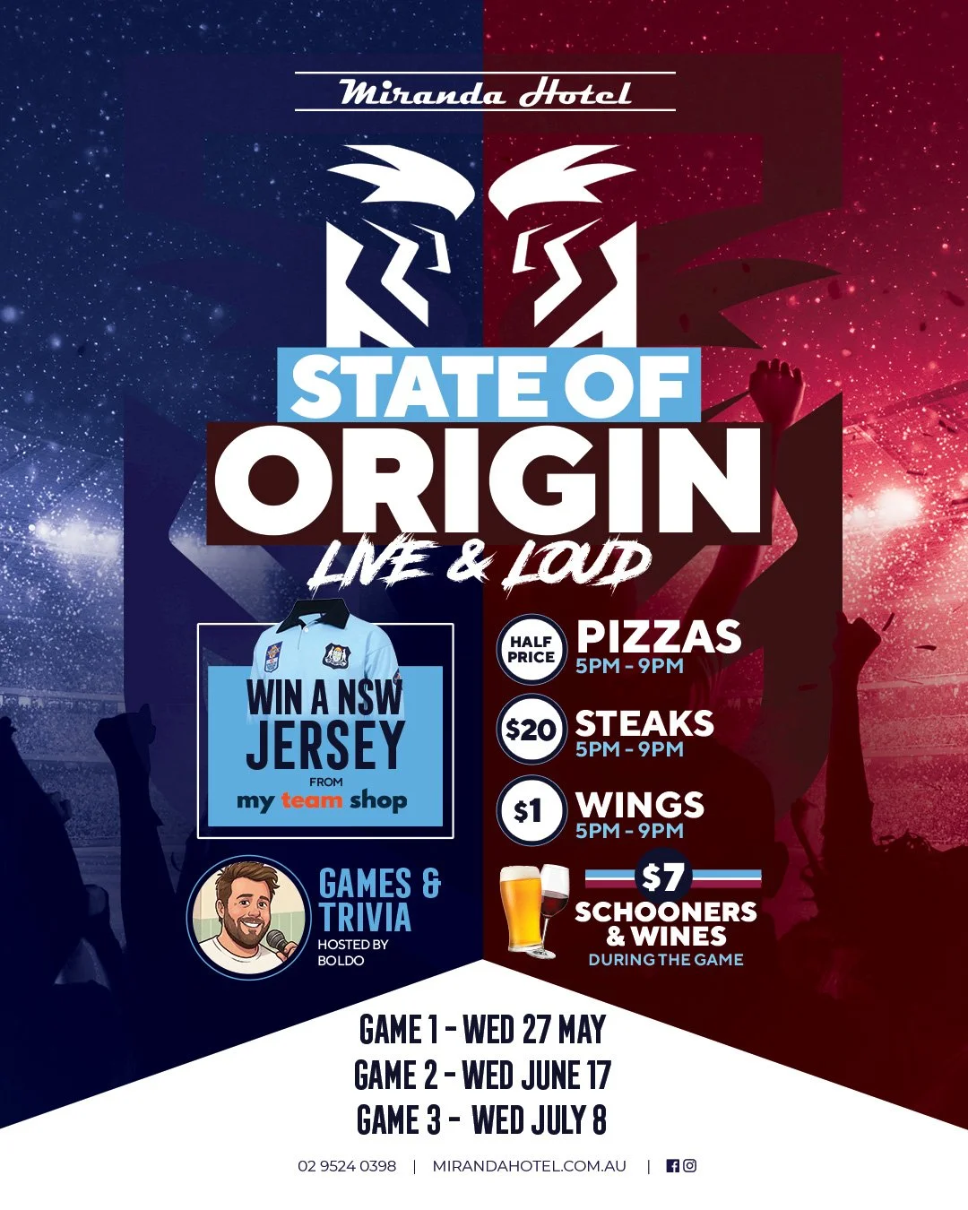 STATE OF ORIGIN, MIRANDA HOTEL, SUTHERLAND SHIRE