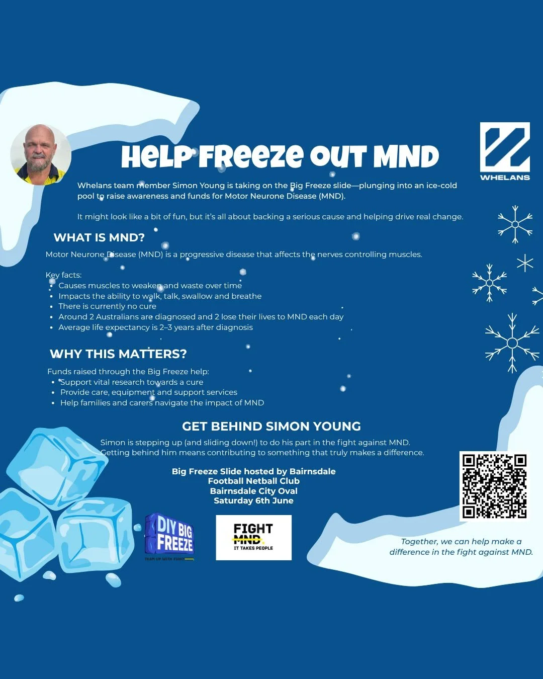 Whelans Group is proud to support the fight against Motor Neurone Disease (MND) with a generous donation to Simon Young&rsquo;s Big Freeze campaign, part of the fundraiser hosted by the @bairnsdalefnc 

As one of this year&rsquo;s Big Freeze sliders,