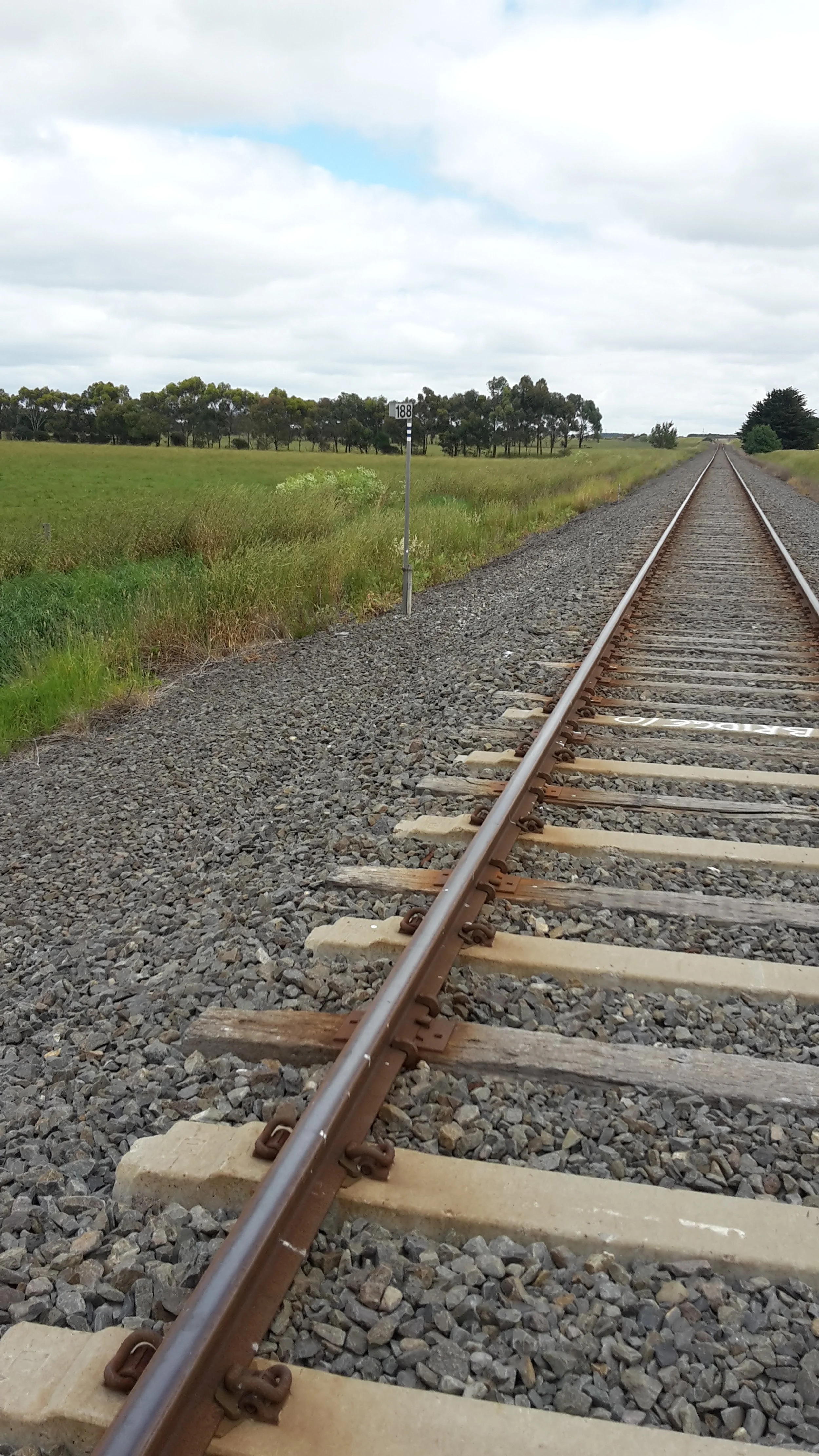 Straight railway track in a rural area with green grass and trees on the horizon under cloudy sky.
